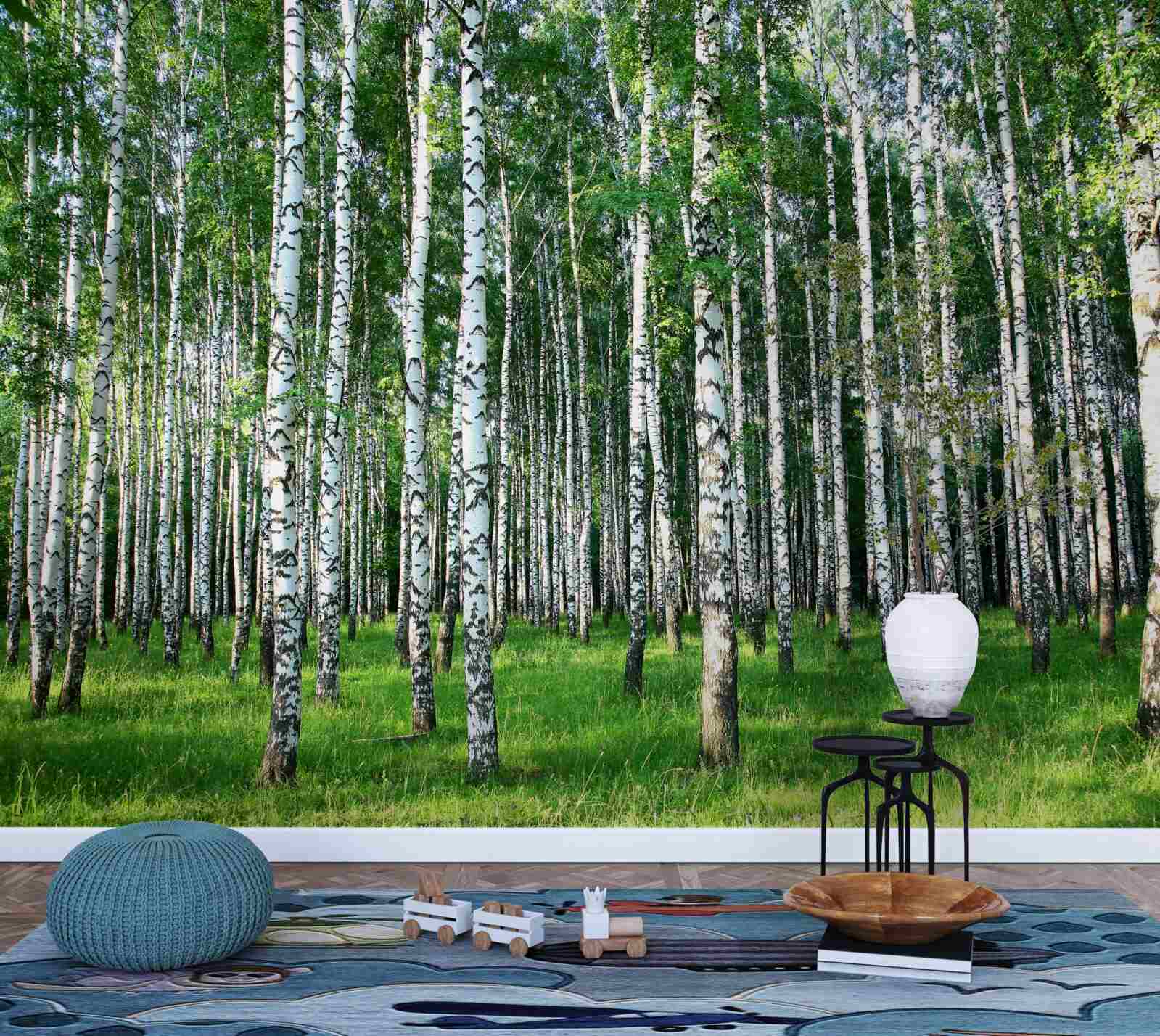 Fotobehang slanke berkenbomen in zomerdecoratie