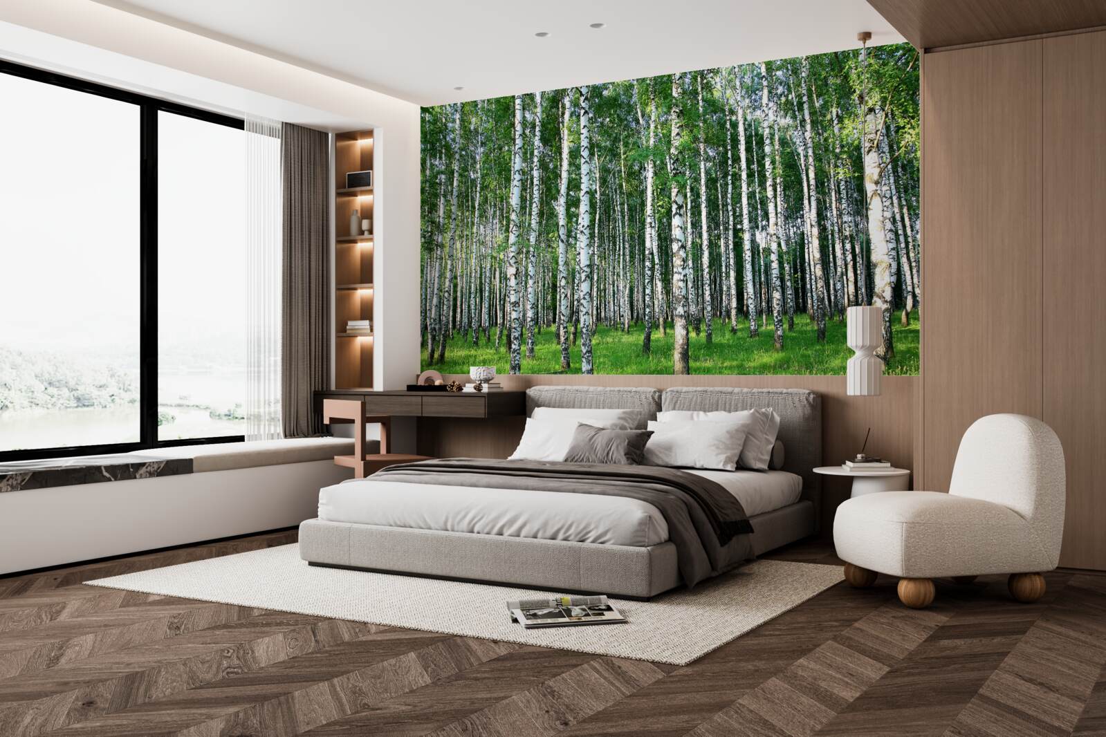 Fotobehang slanke berkenbomen in zomerdecoratie