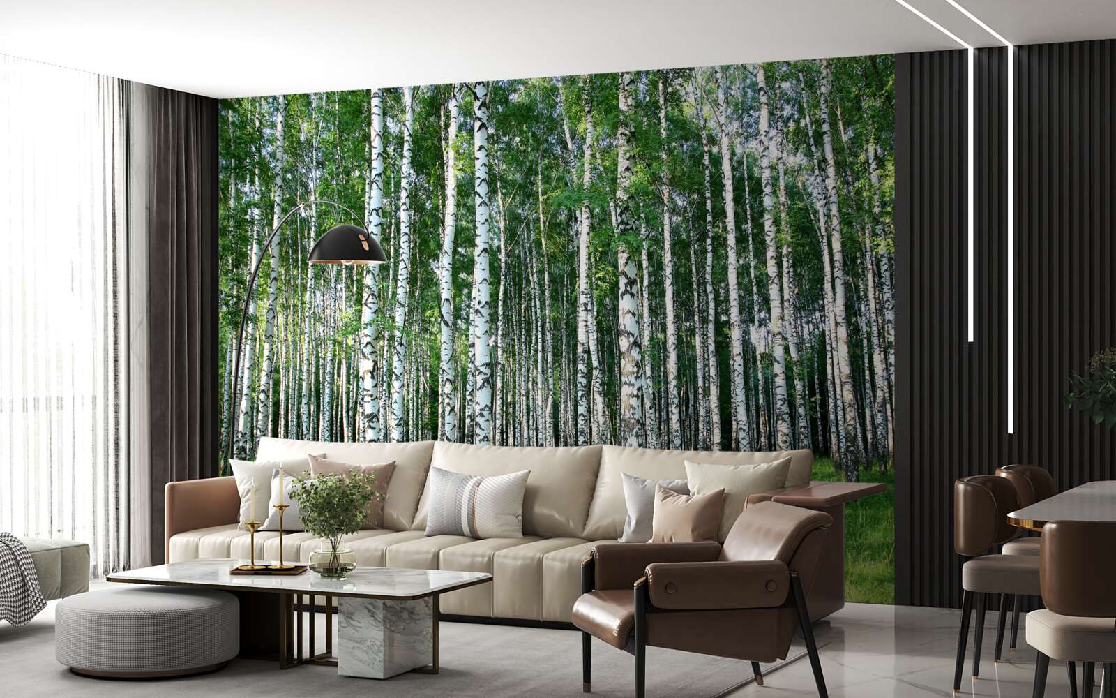 Fotobehang slanke berkenbomen in zomerdecoratie