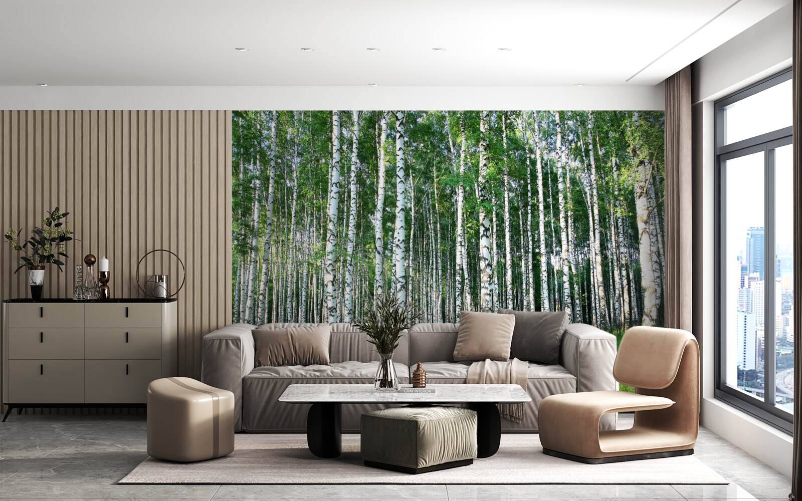 Fotobehang slanke berkenbomen in zomerdecoratie