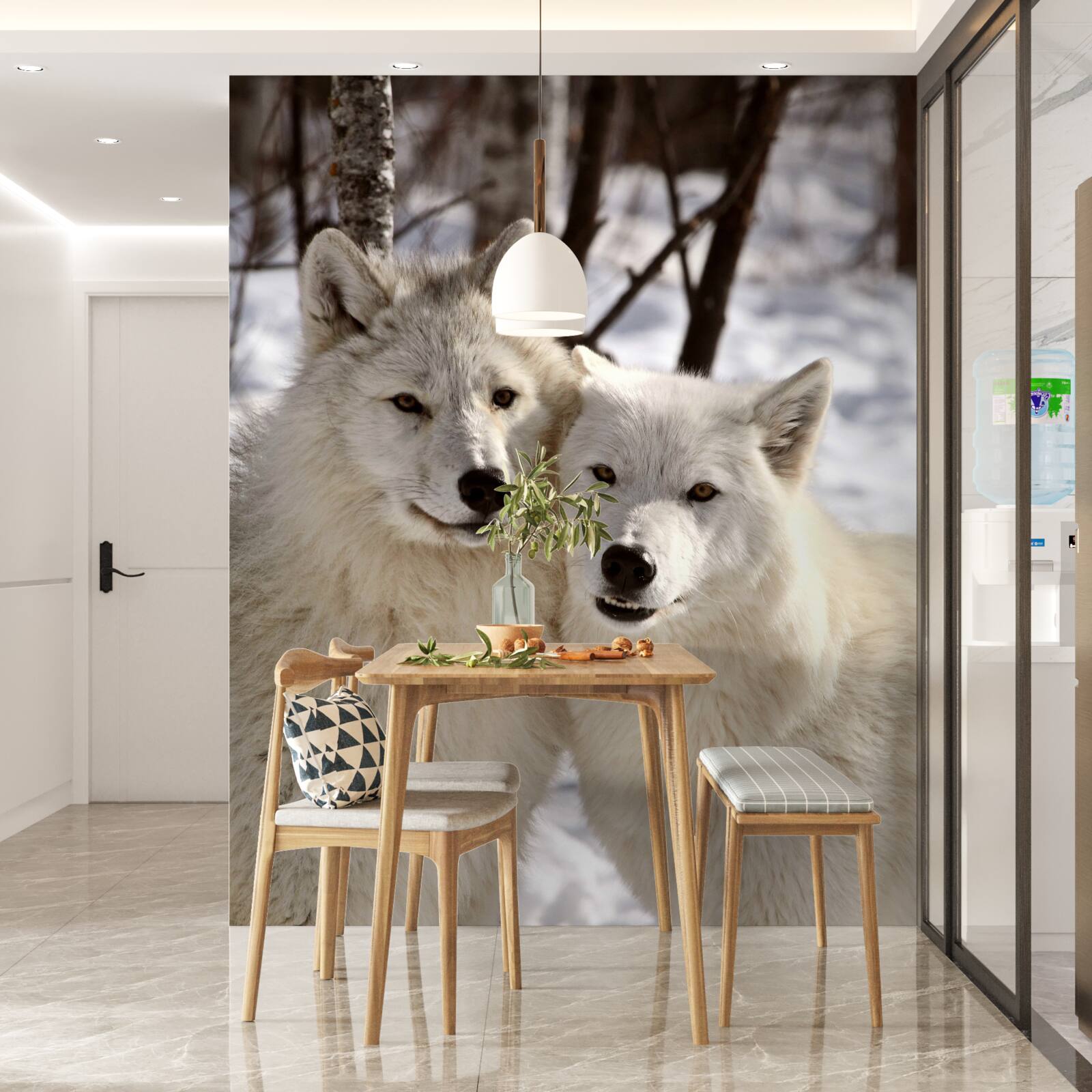 Fotobehang een roedel witte wolven in een besneeuwd bos