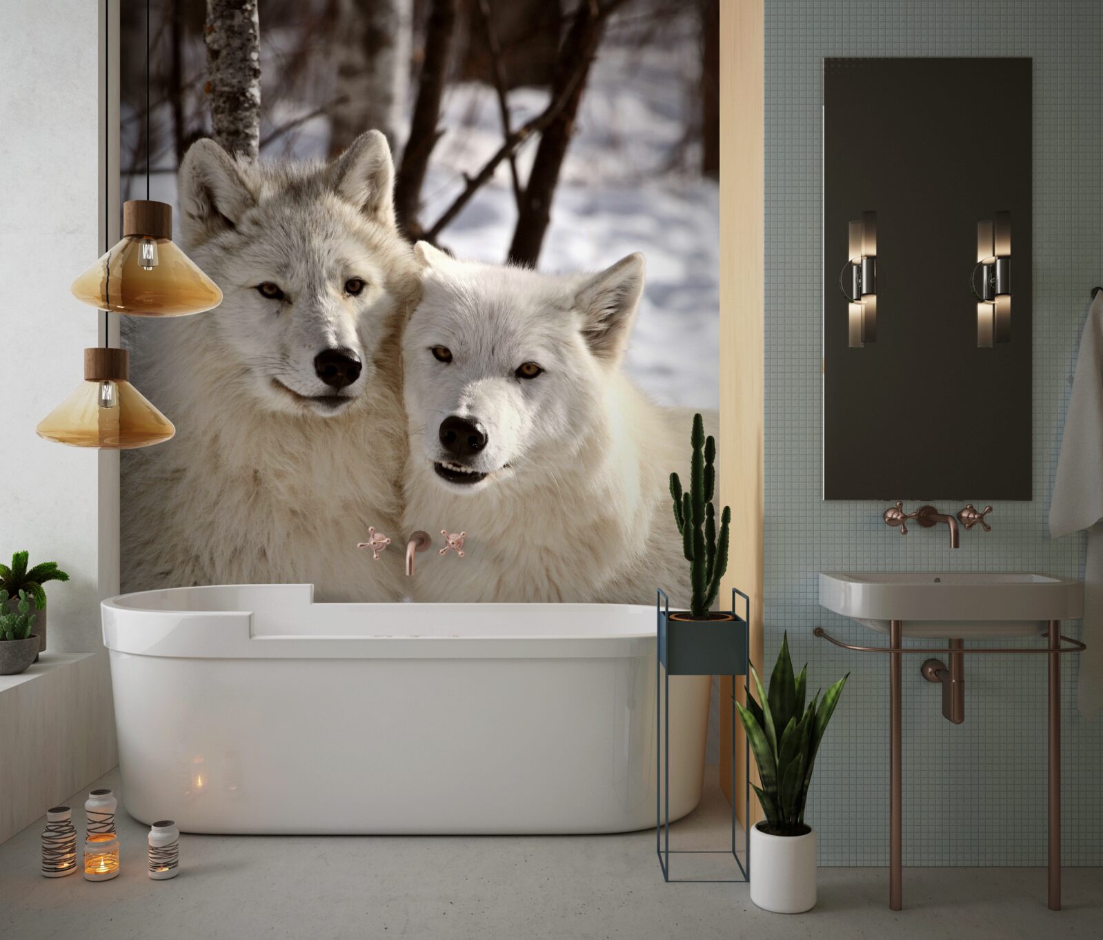 Fotobehang een roedel witte wolven in een besneeuwd bos