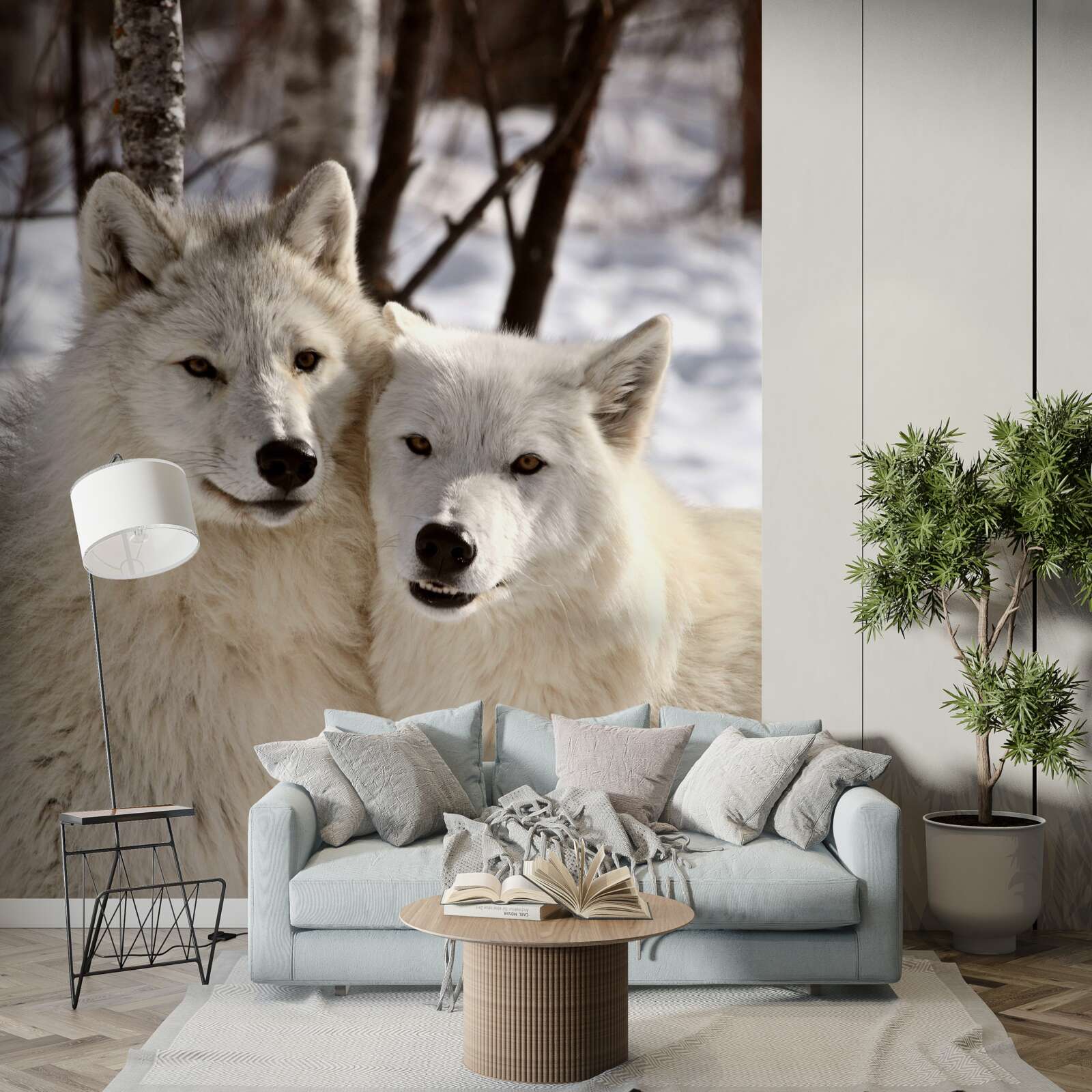 Fotobehang een roedel witte wolven in een besneeuwd bos