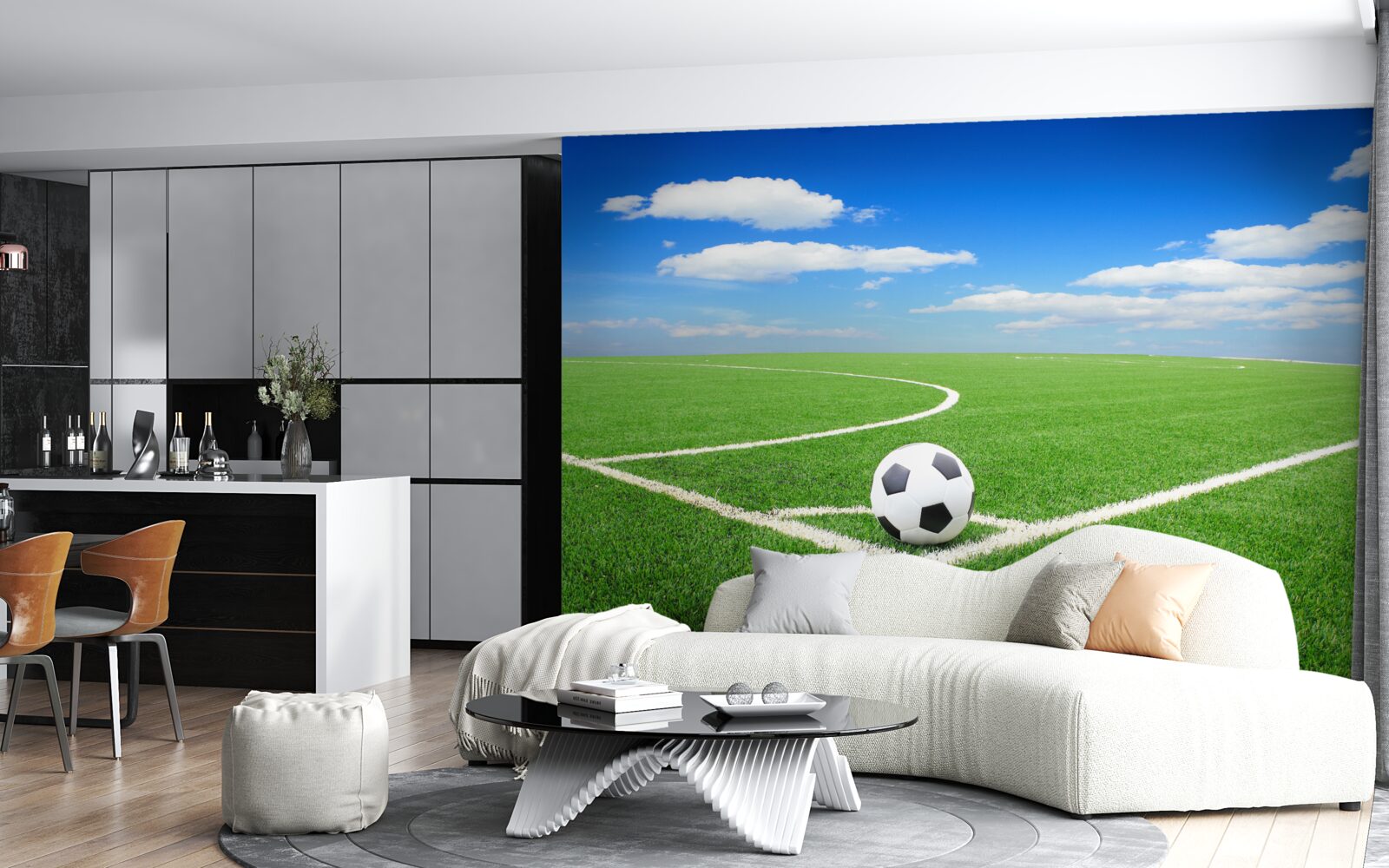 Fotobehang de bal is in de hoek van het veld