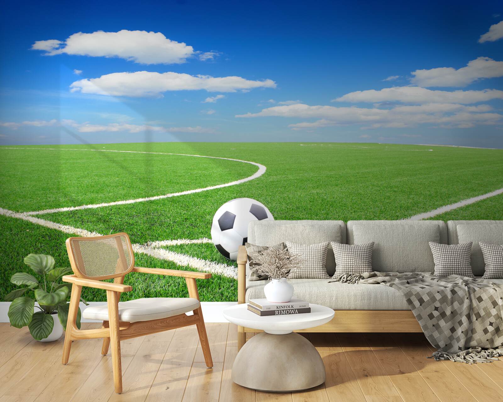 Fotobehang de bal is in de hoek van het veld