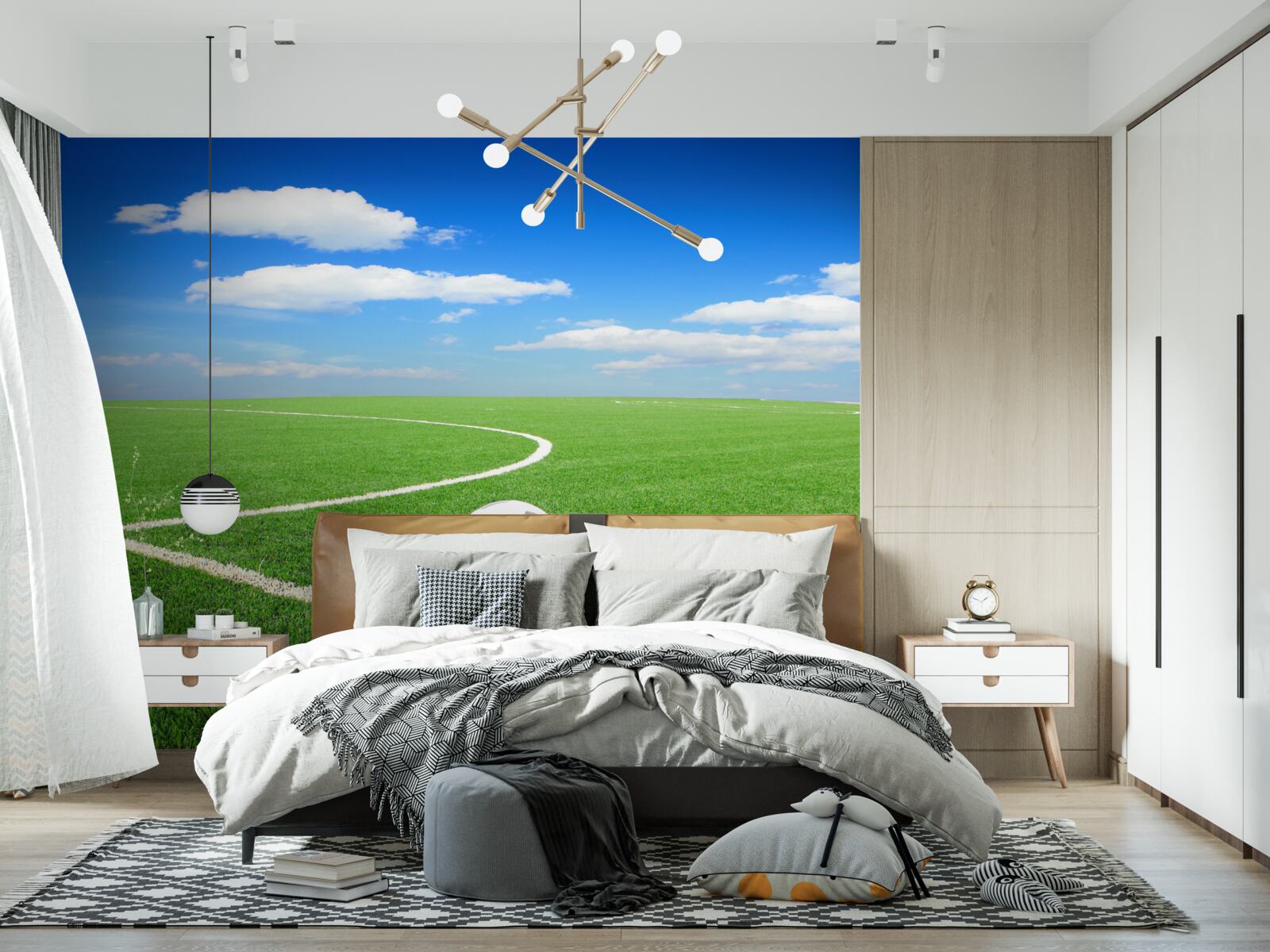 Fotobehang de bal is in de hoek van het veld