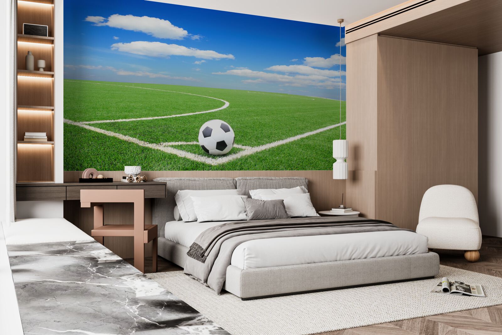 Fotobehang de bal is in de hoek van het veld