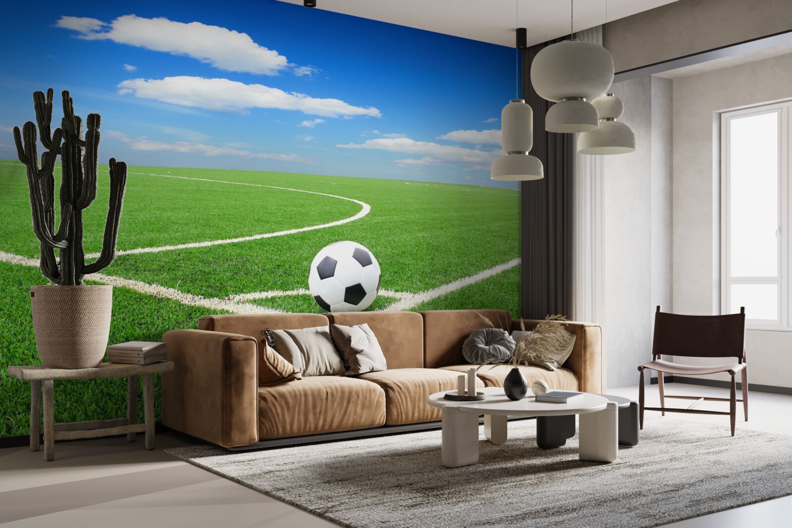 Fotobehang de bal is in de hoek van het veld