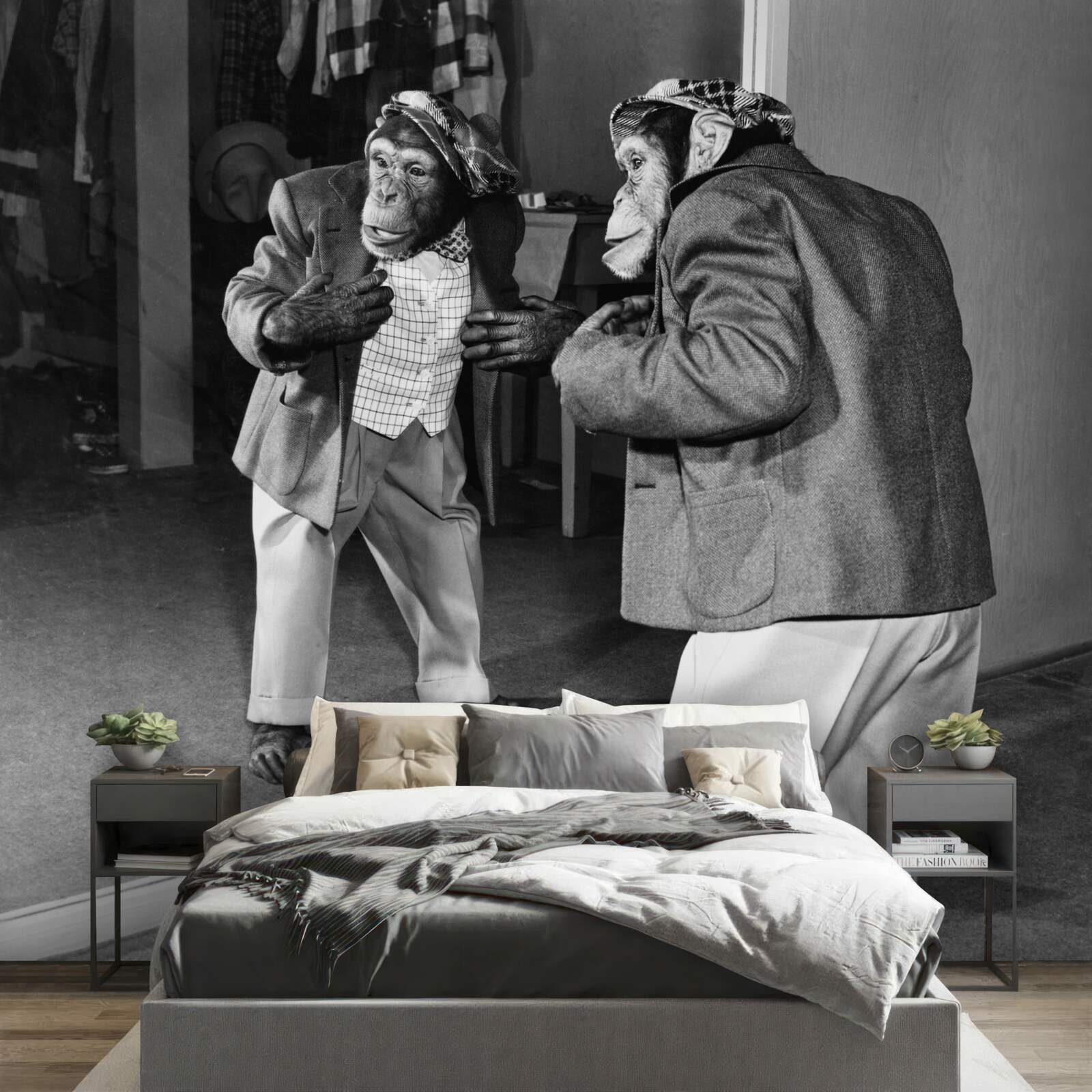 Fotobehang aap in kleren kijkt in de spiegel