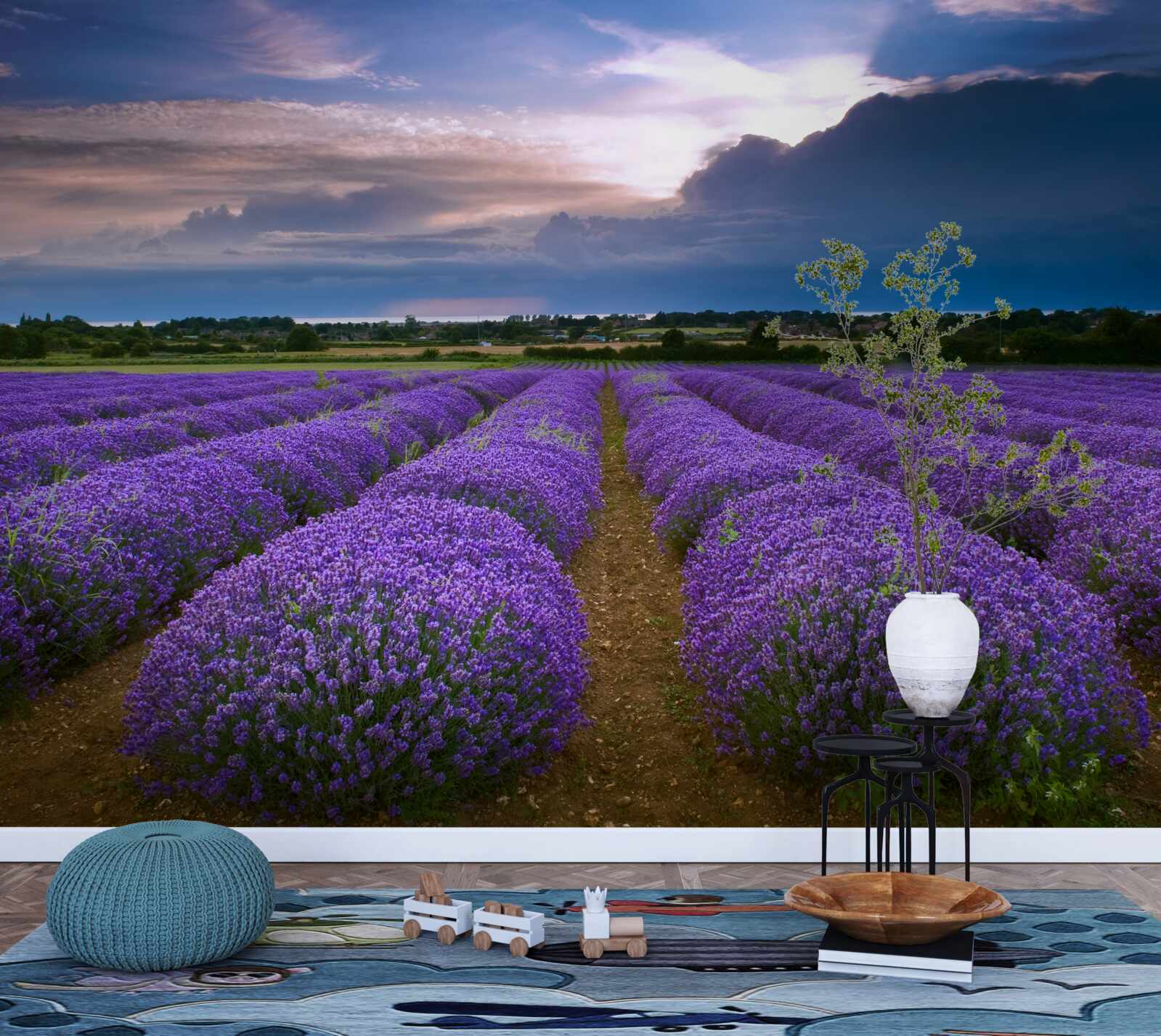 Fotobehang in het veld groeien geurige lavendelstruiken