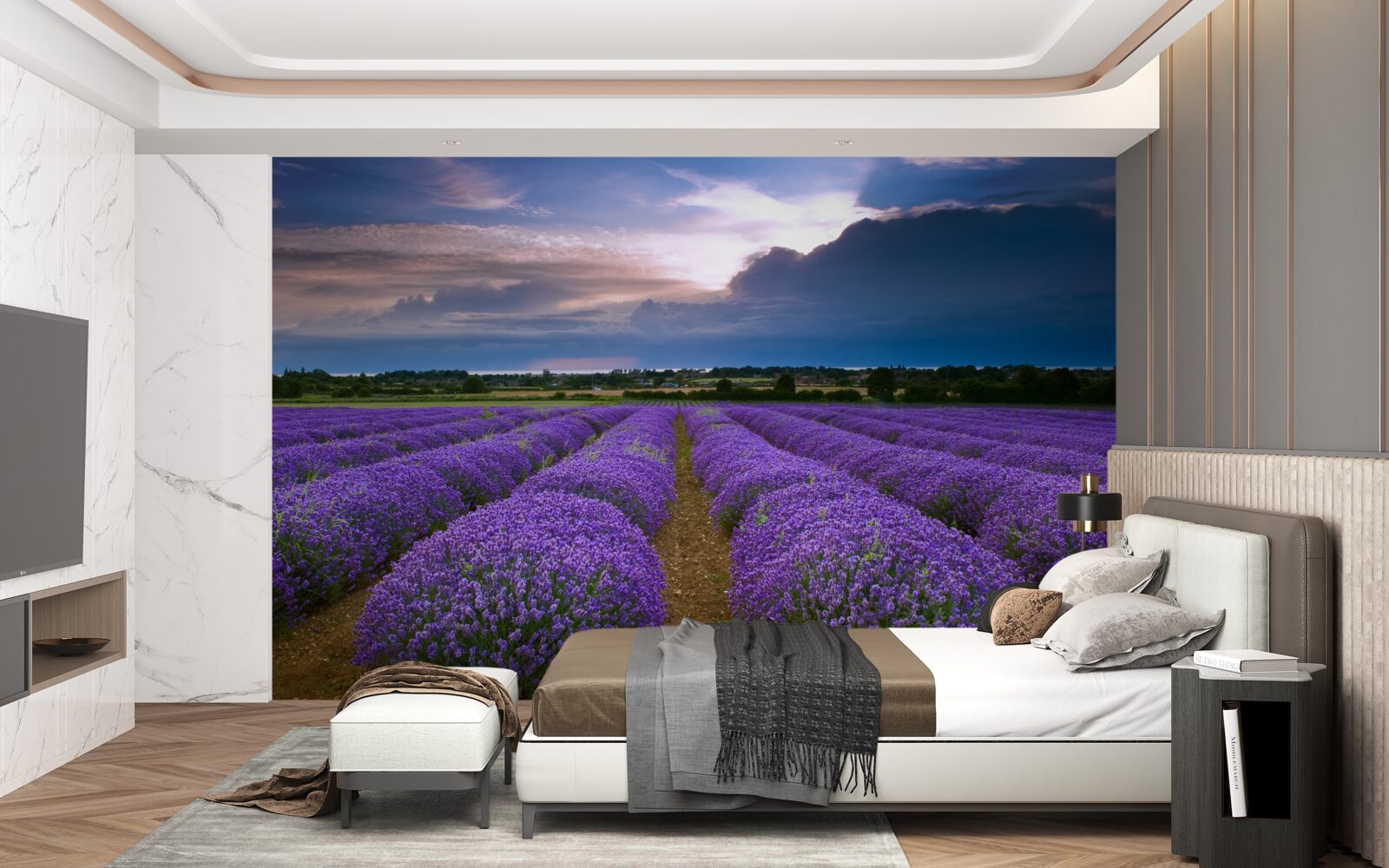 Fotobehang in het veld groeien geurige lavendelstruiken