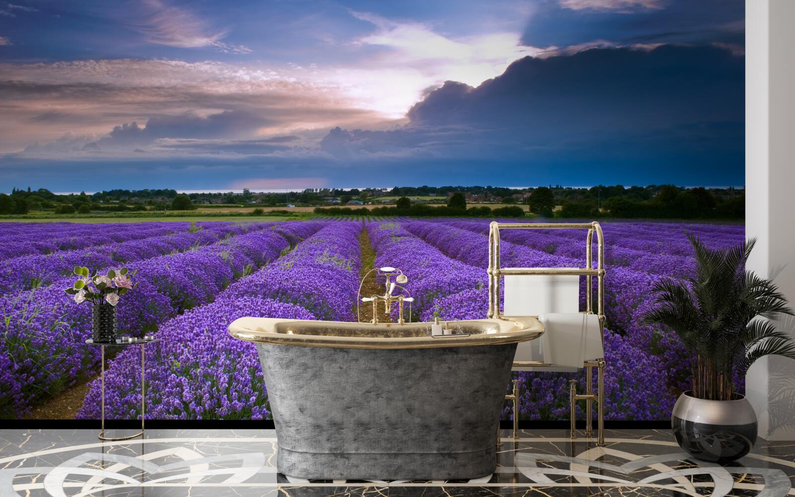 Fotobehang in het veld groeien geurige lavendelstruiken