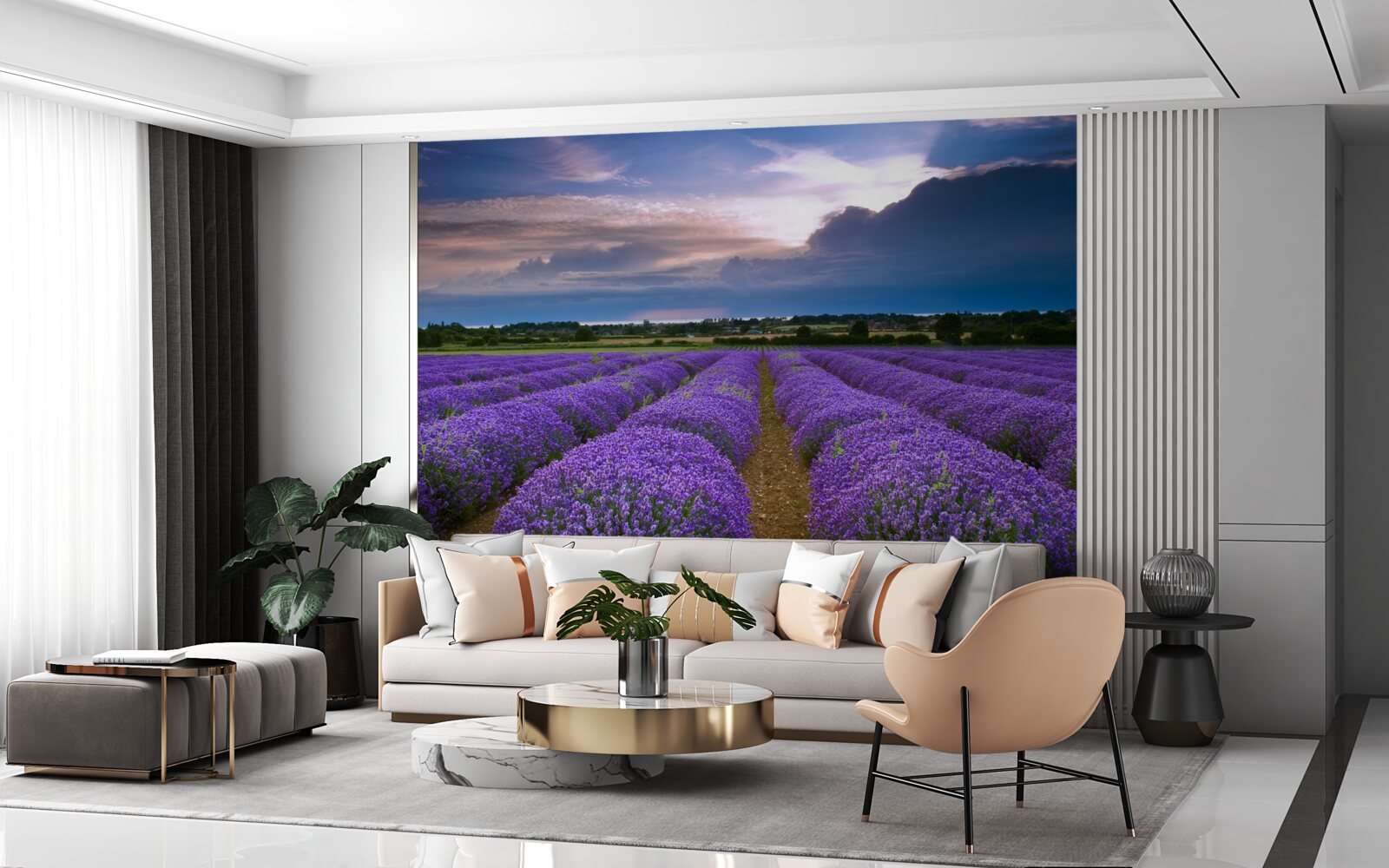 Fotobehang in het veld groeien geurige lavendelstruiken