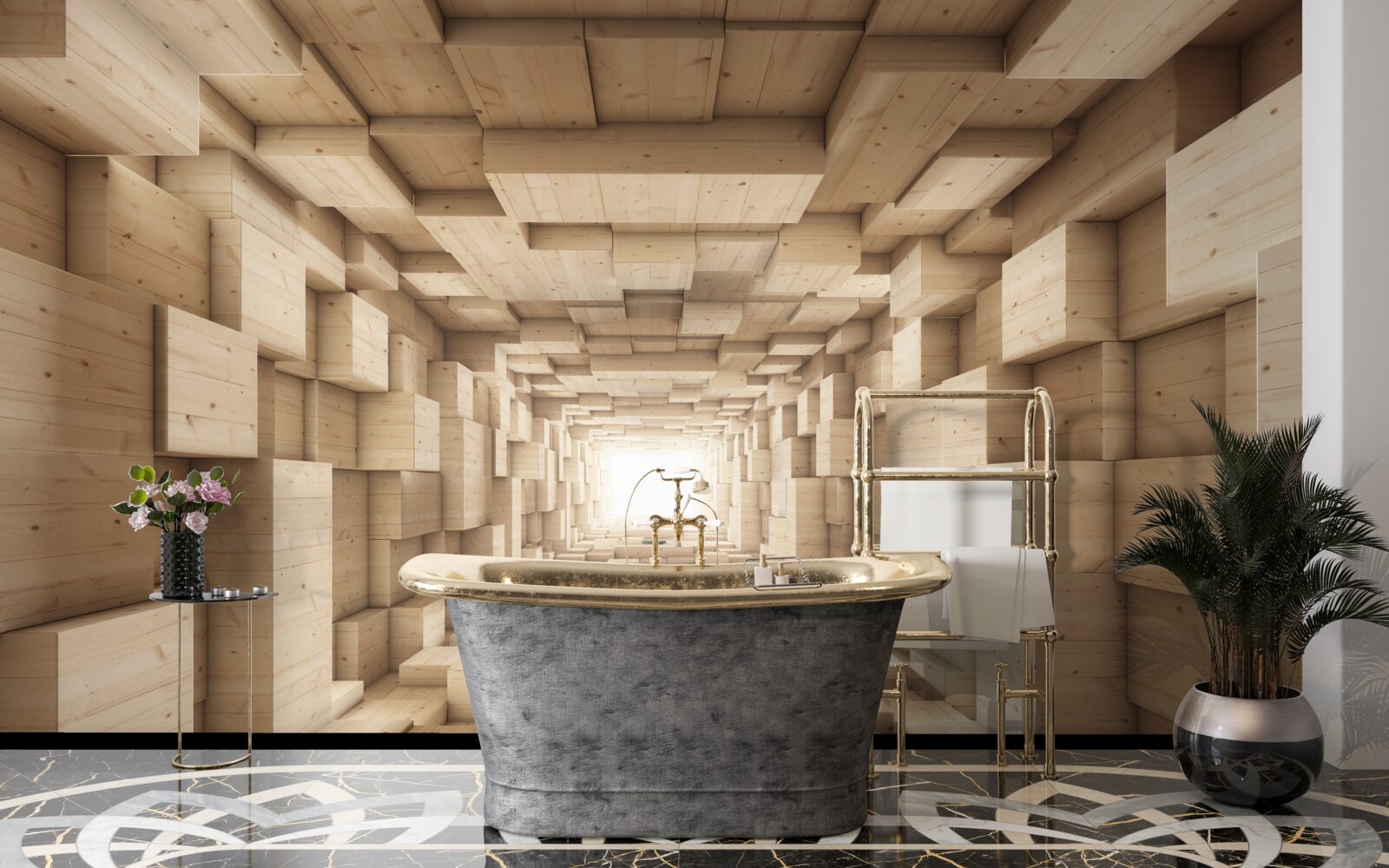 Fotobehang terugtrekkende tunnel, geschilderd in bruintinten