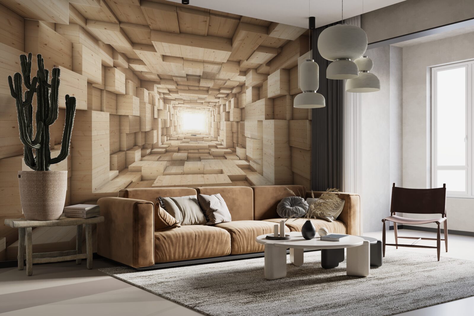 Fotobehang terugtrekkende tunnel, geschilderd in bruintinten