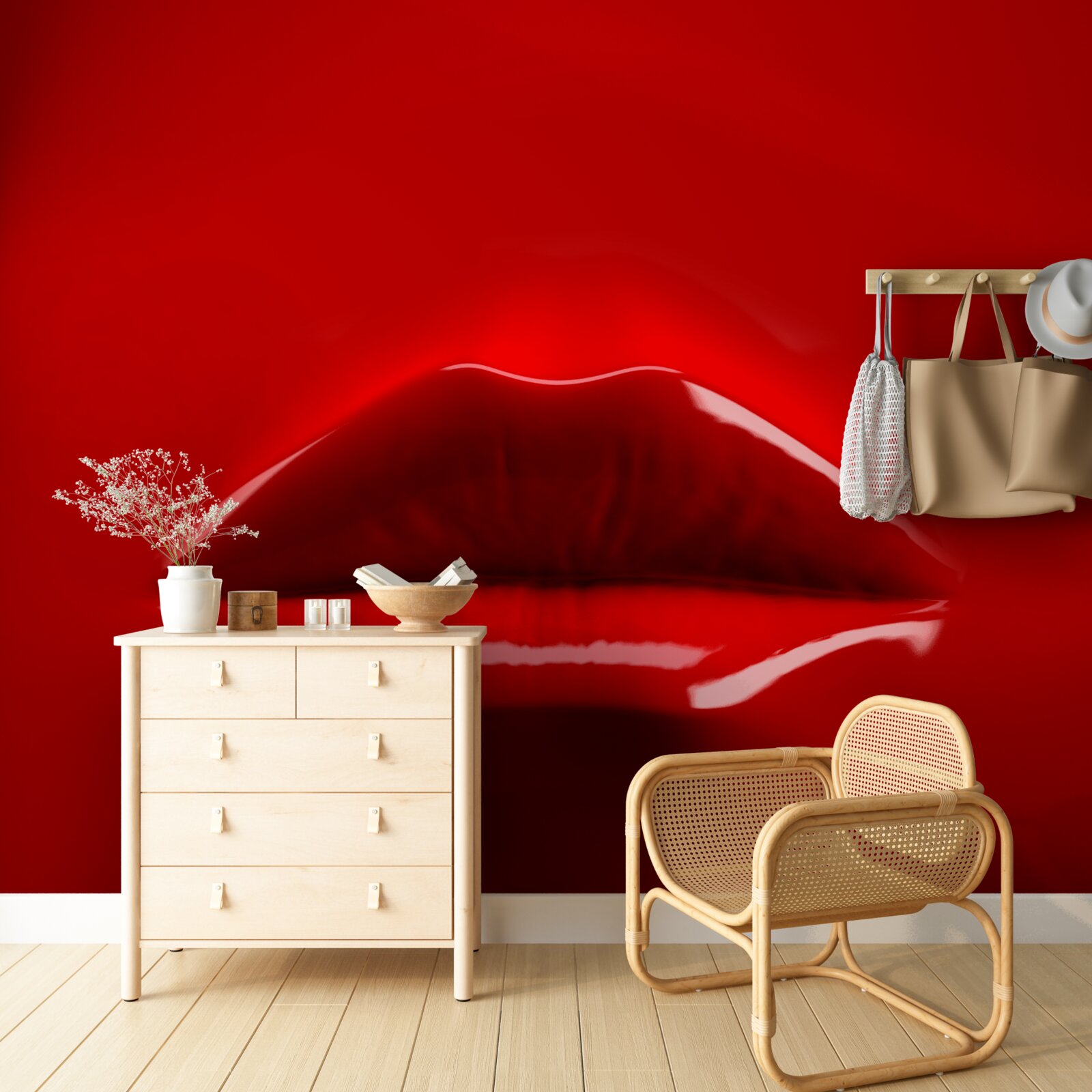 Fotobehang rode, volle lippen steken af tegen een rode achtergrond