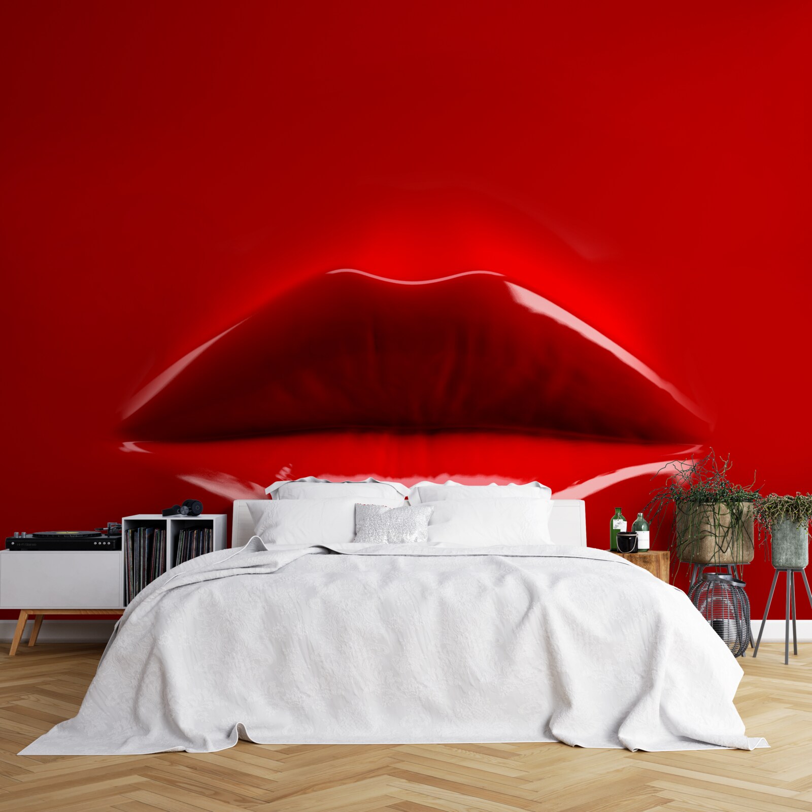 Fotobehang rode, volle lippen steken af tegen een rode achtergrond