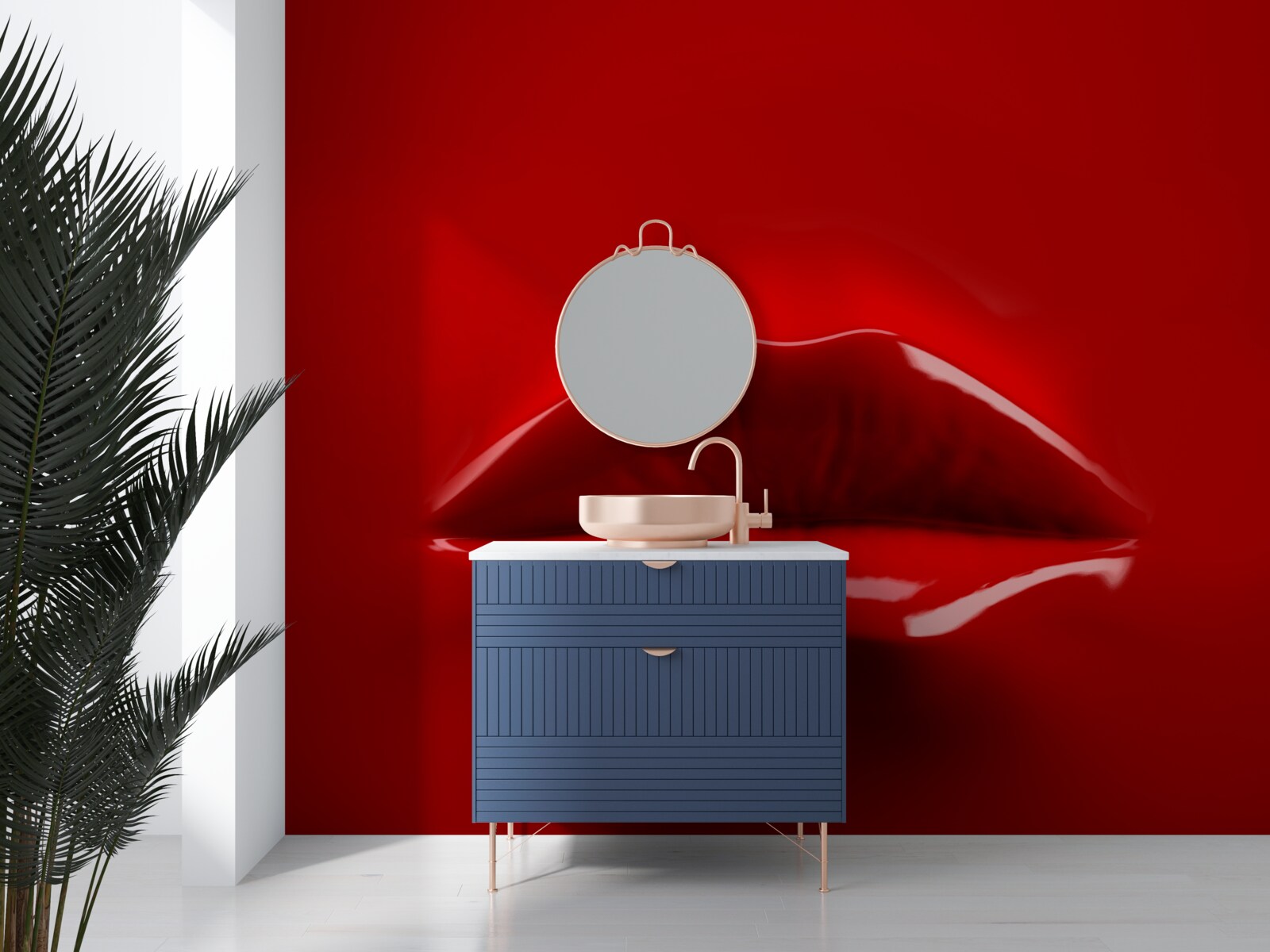 Fotobehang rode, volle lippen steken af tegen een rode achtergrond