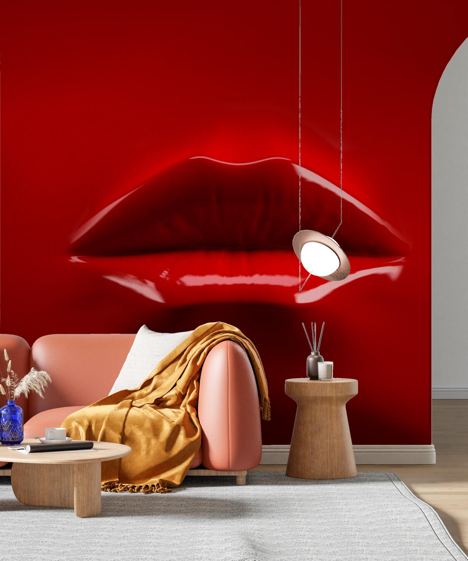 Fotobehang rode, volle lippen steken af tegen een rode achtergrond