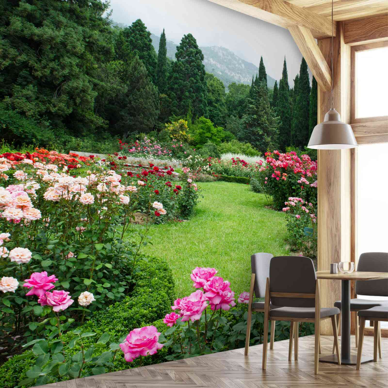 Fotobehang bloemen in de tuin bij het huis