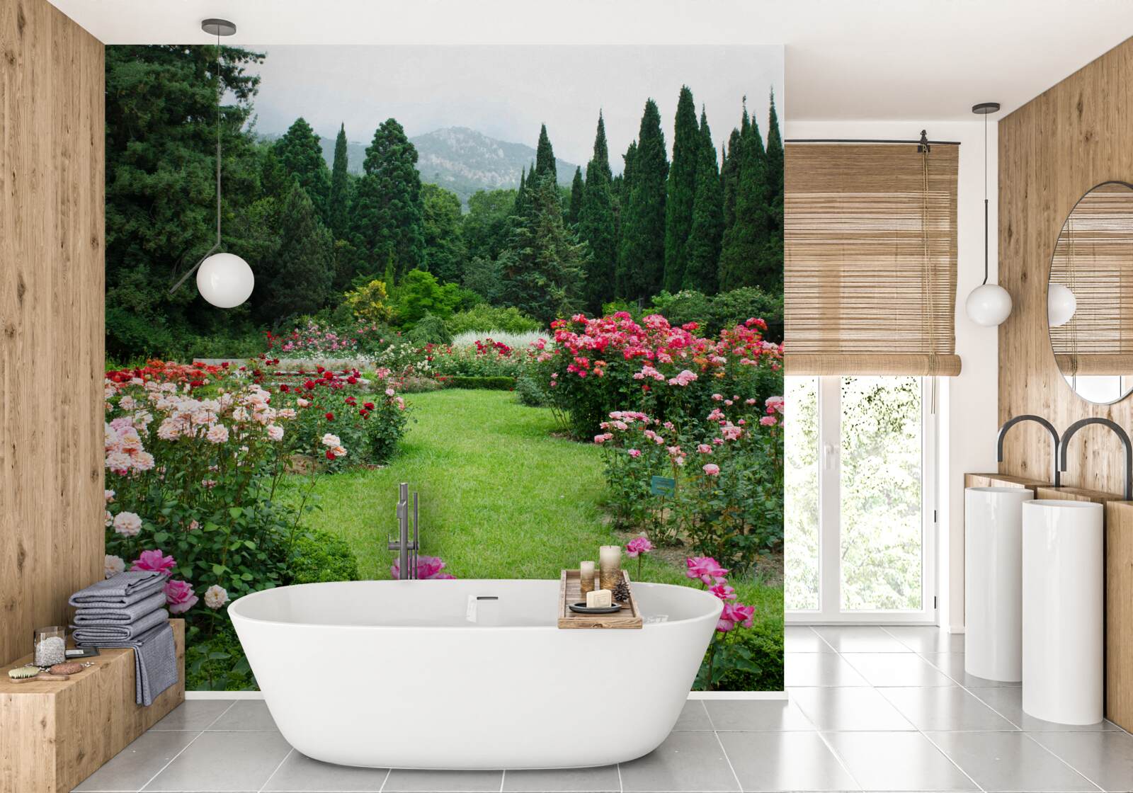 Fotobehang bloemen in de tuin bij het huis