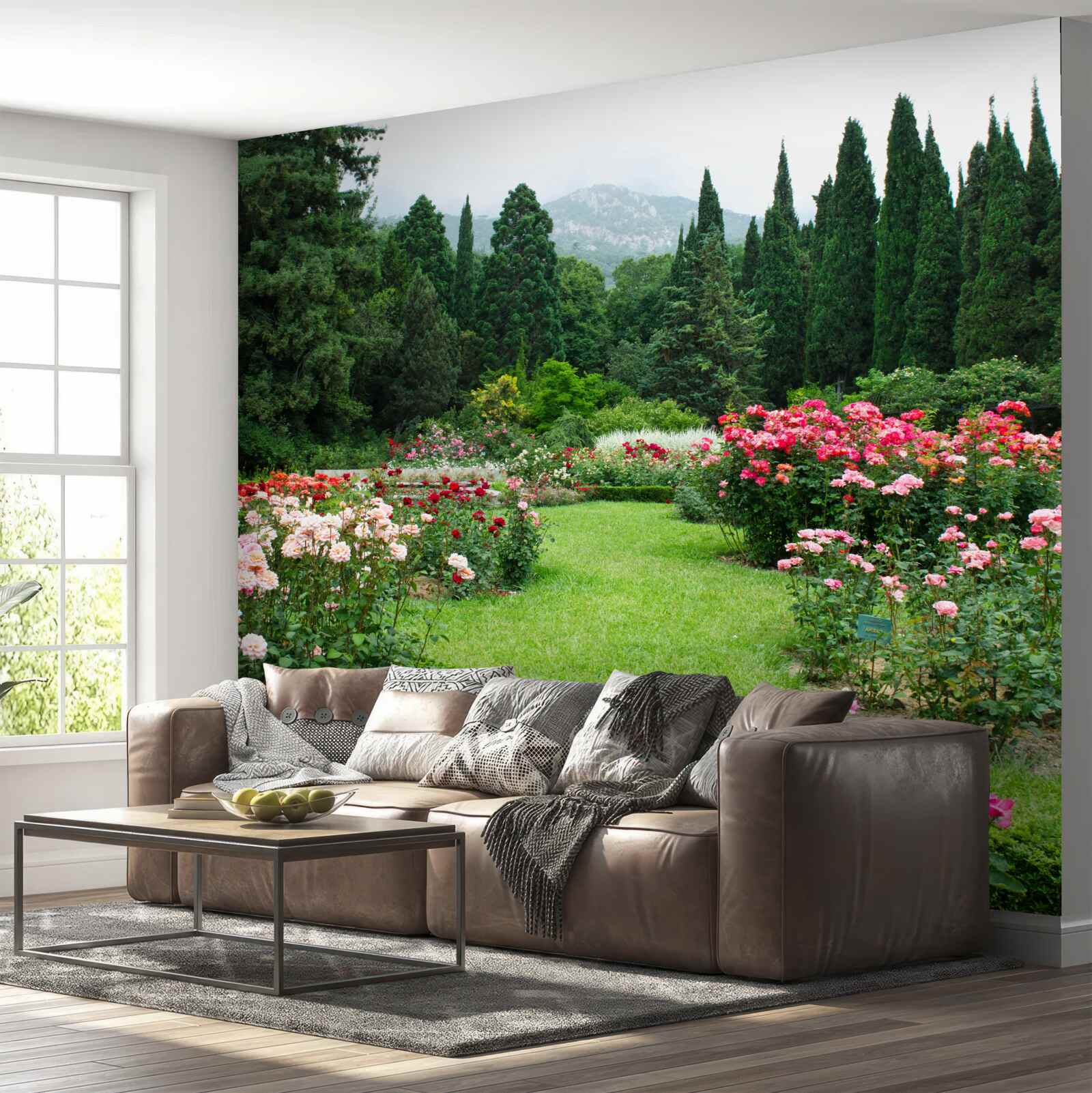 Fotobehang bloemen in de tuin bij het huis