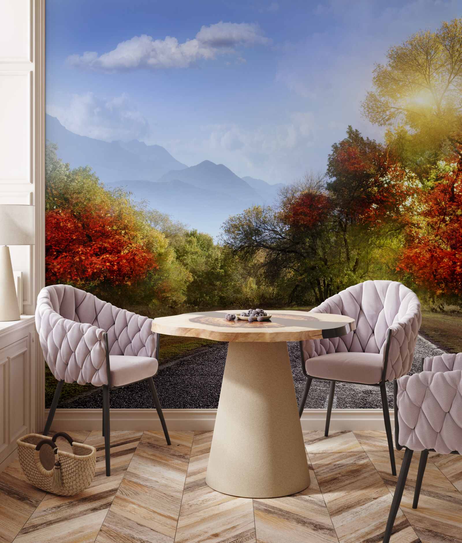 Fotobehang herfstbosweg in de regen