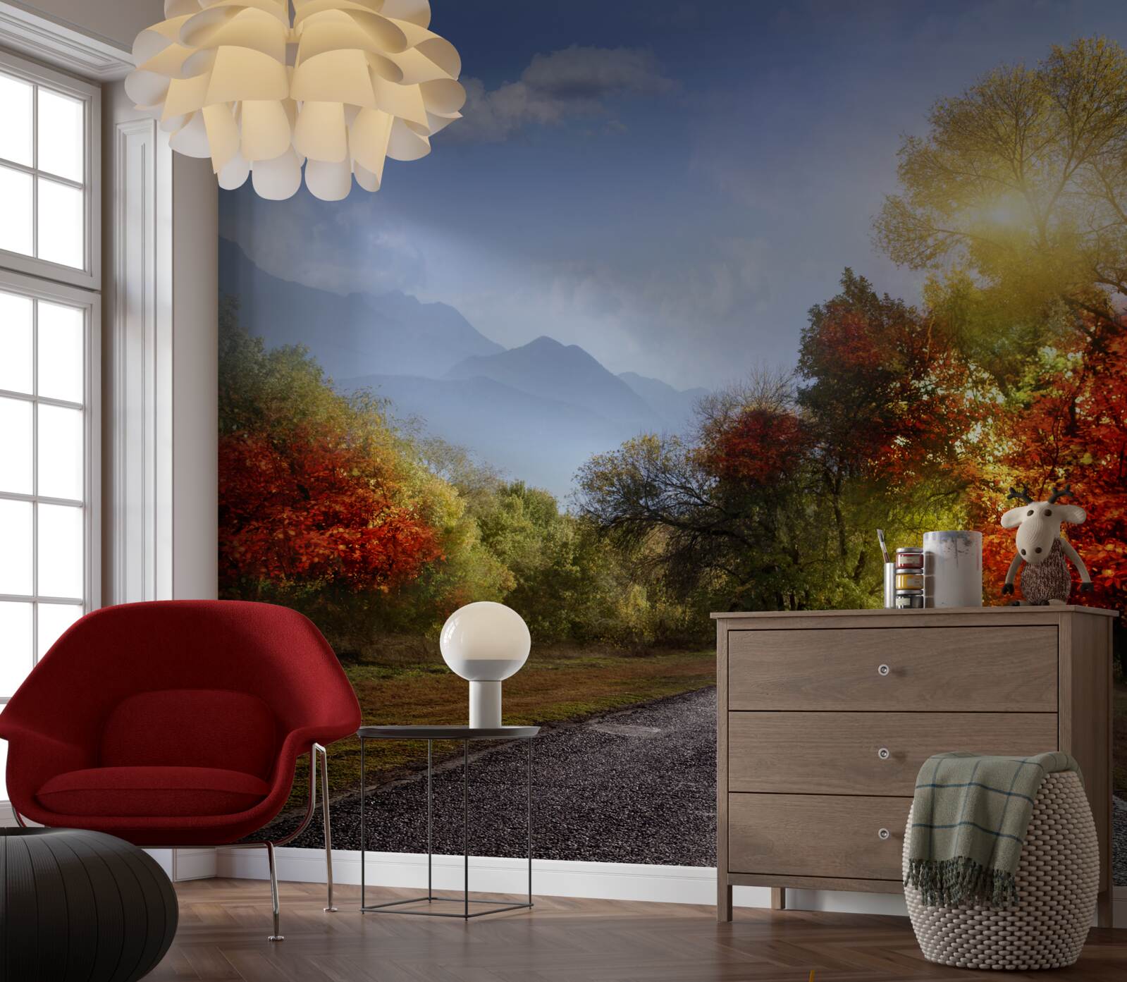 Fotobehang herfstbosweg in de regen