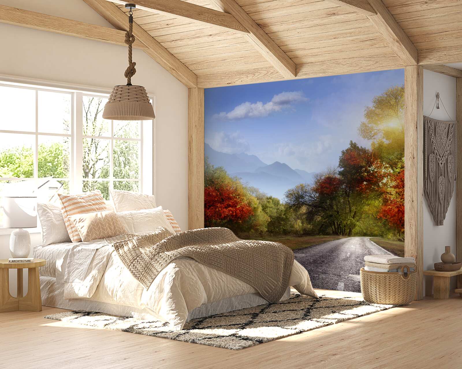 Fotobehang herfstbosweg in de regen