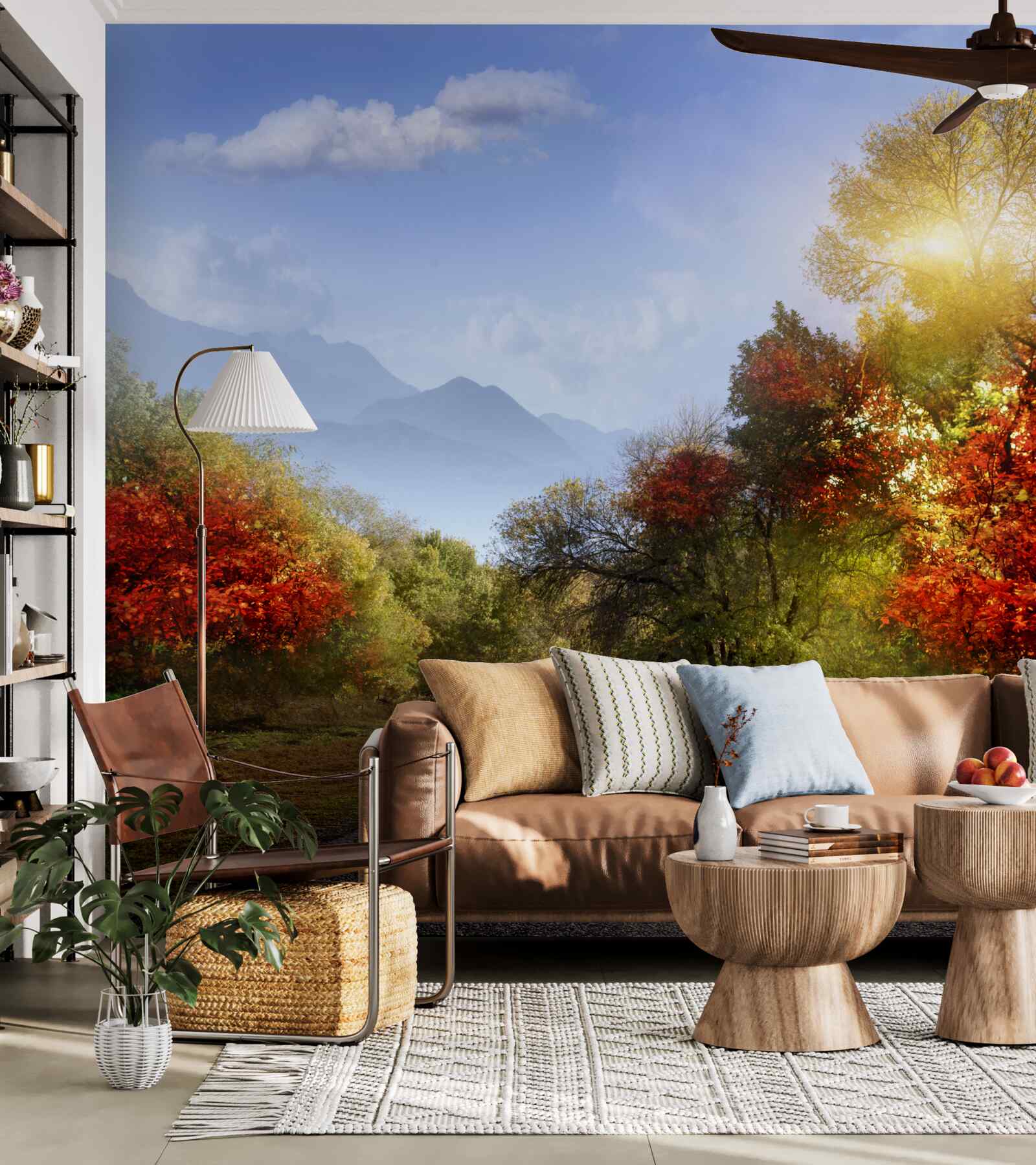 Fotobehang herfstbosweg in de regen