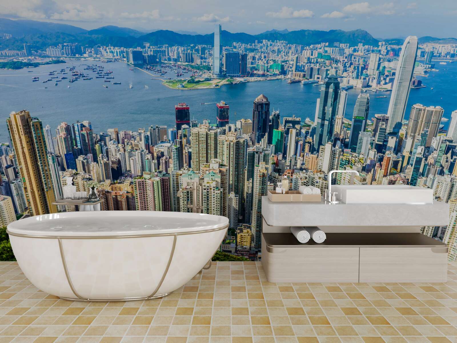 Fotobehang Wolkenkrabbers in Shanghai op een zomerse dag