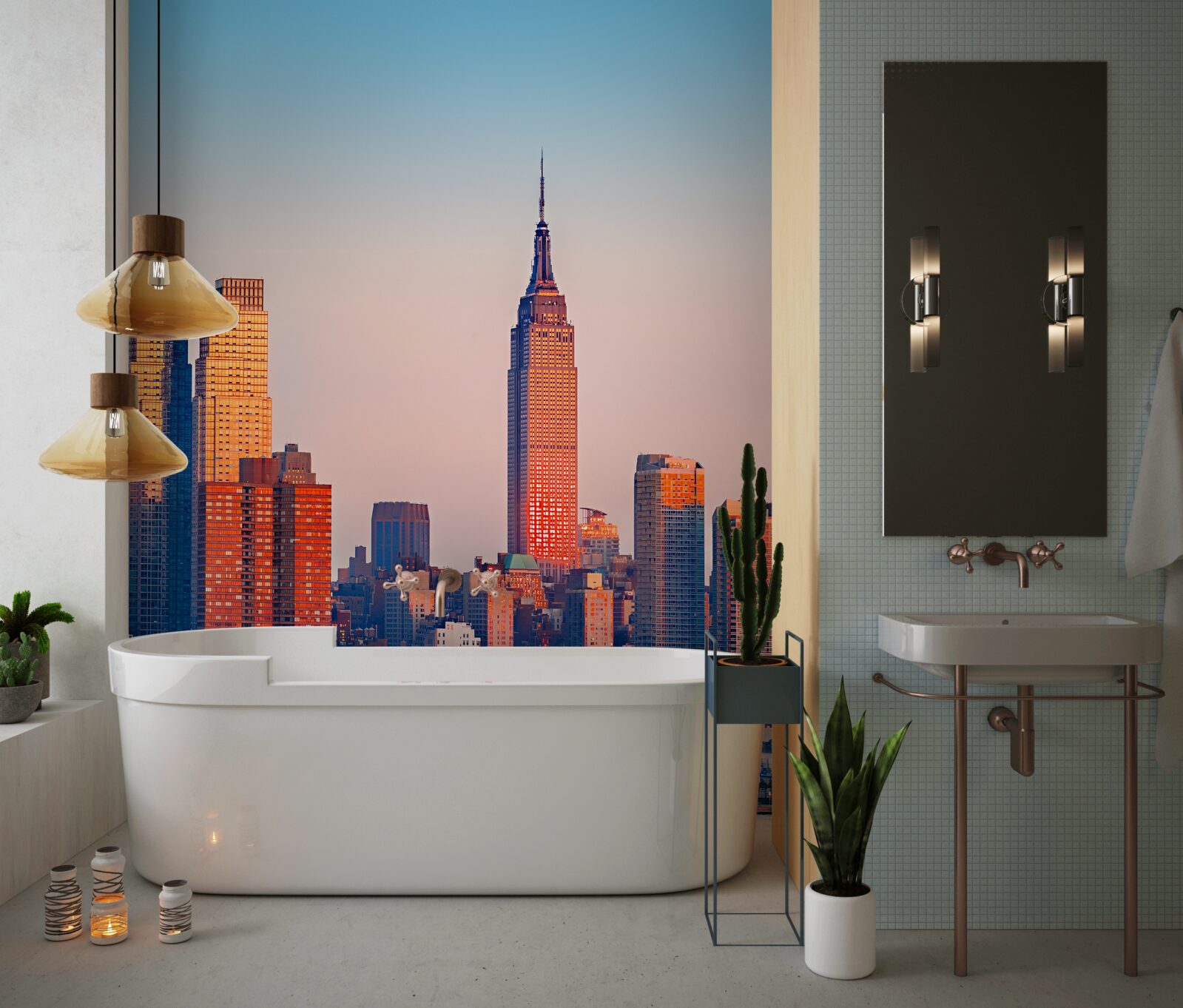 Fotobehang zonsondergang valt op new york