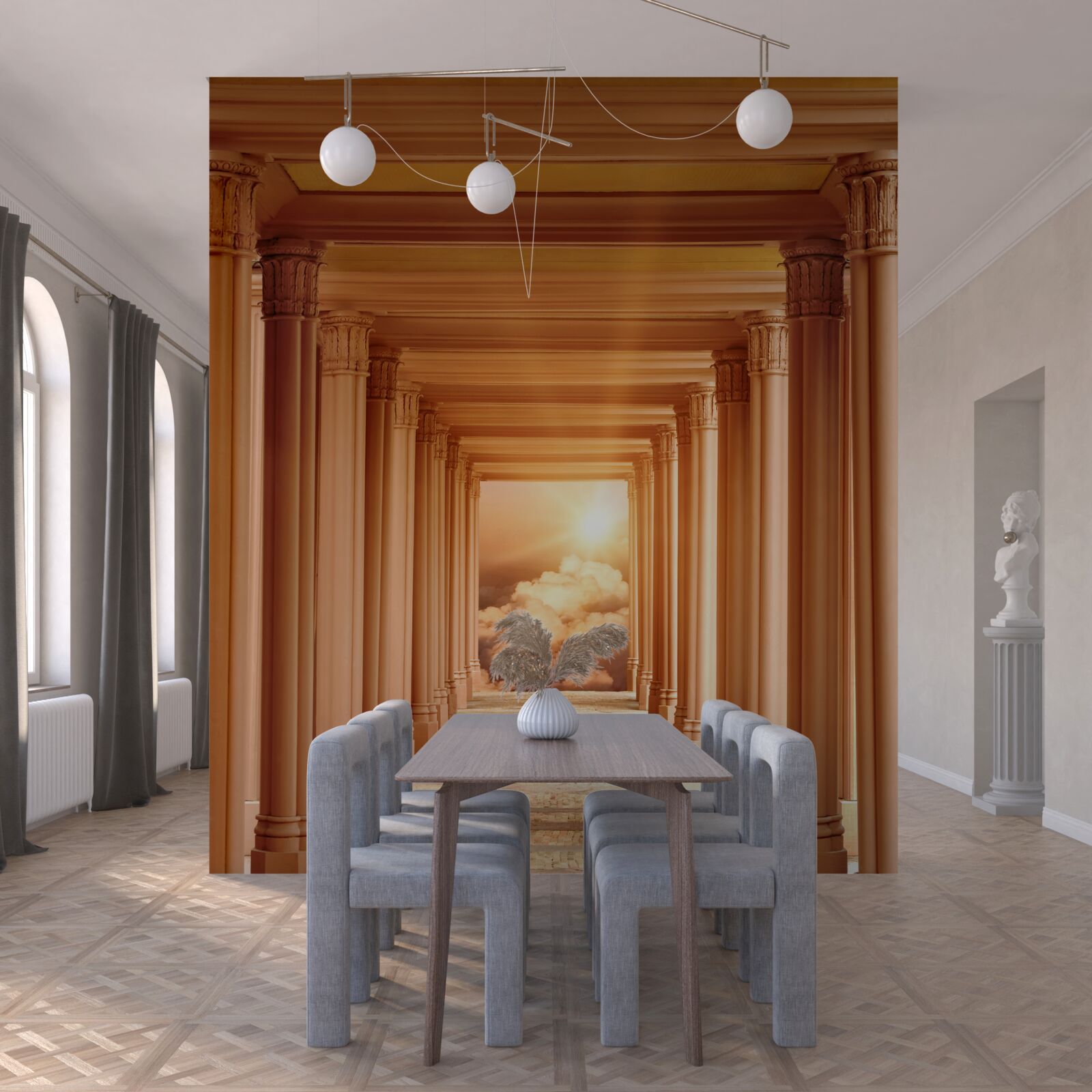 Fotobehang gloeiende zonsondergang in de terugtrekkende tunnel