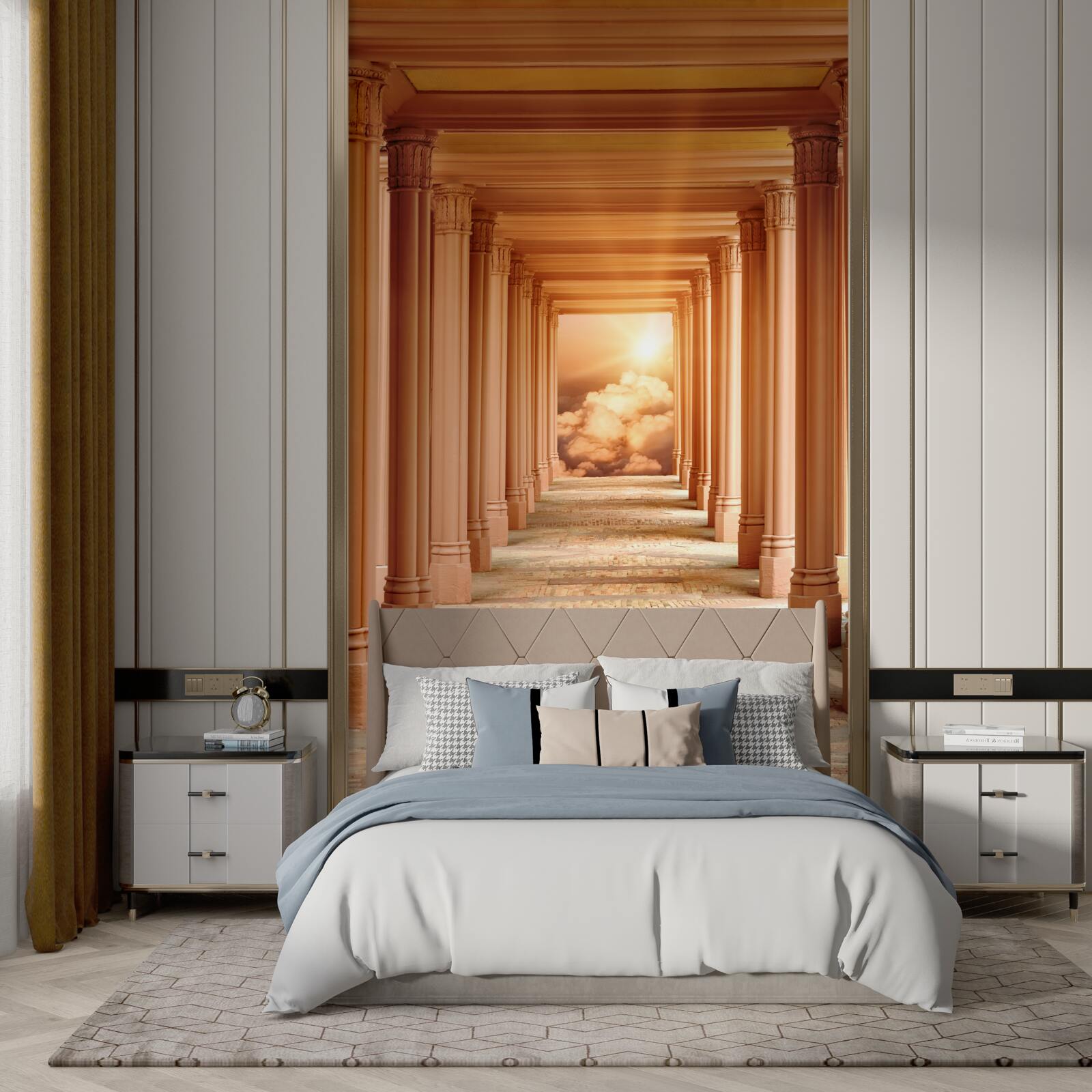 Fotobehang gloeiende zonsondergang in de terugtrekkende tunnel