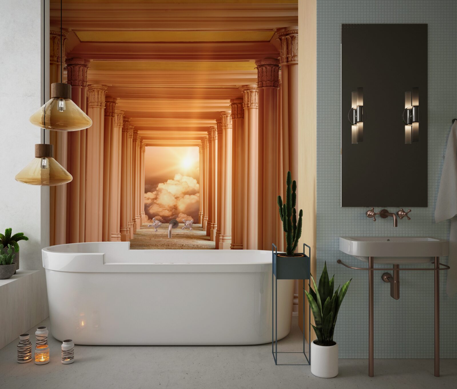 Fotobehang gloeiende zonsondergang in de terugtrekkende tunnel