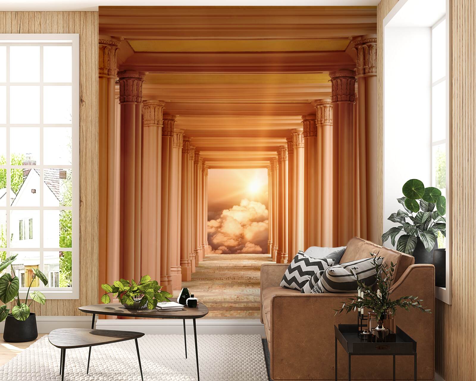 Fotobehang gloeiende zonsondergang in de terugtrekkende tunnel