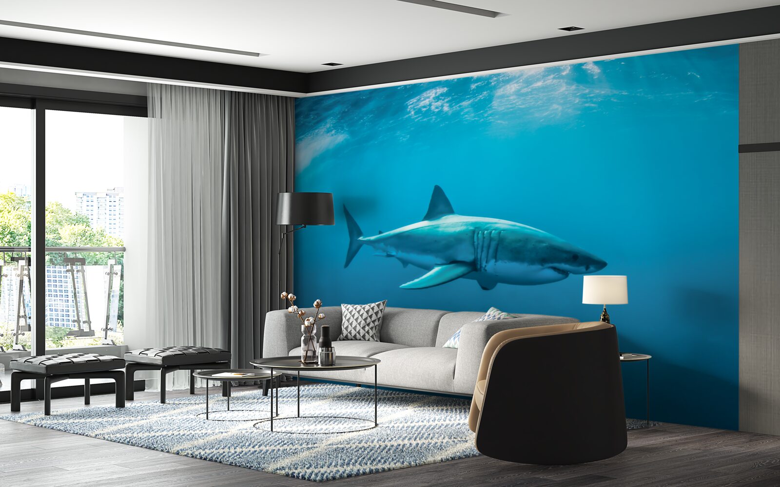 Fotobehang hongerige haai in de diepzee