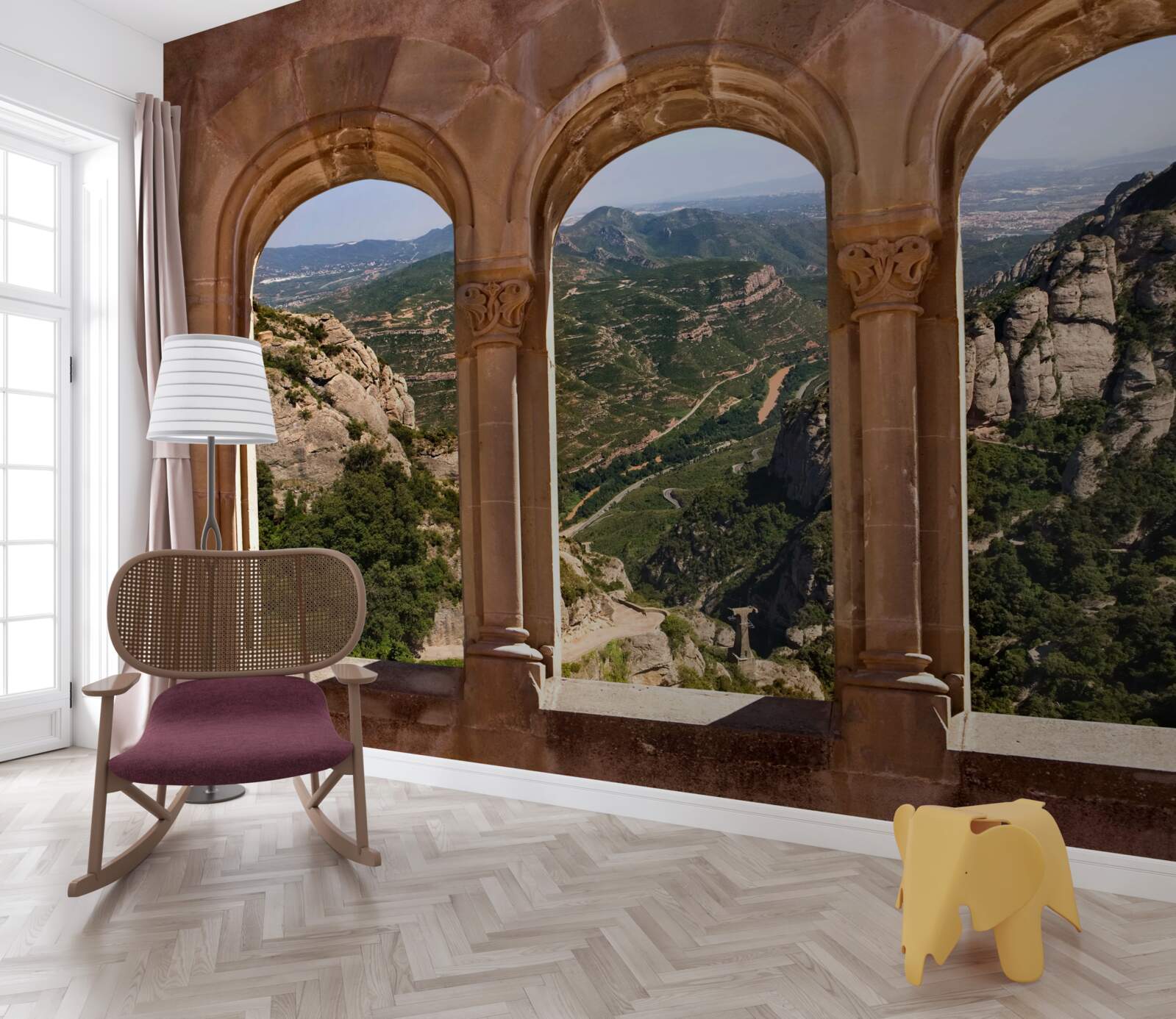 Fotobehang viaduct met uitzicht op het berglandschap