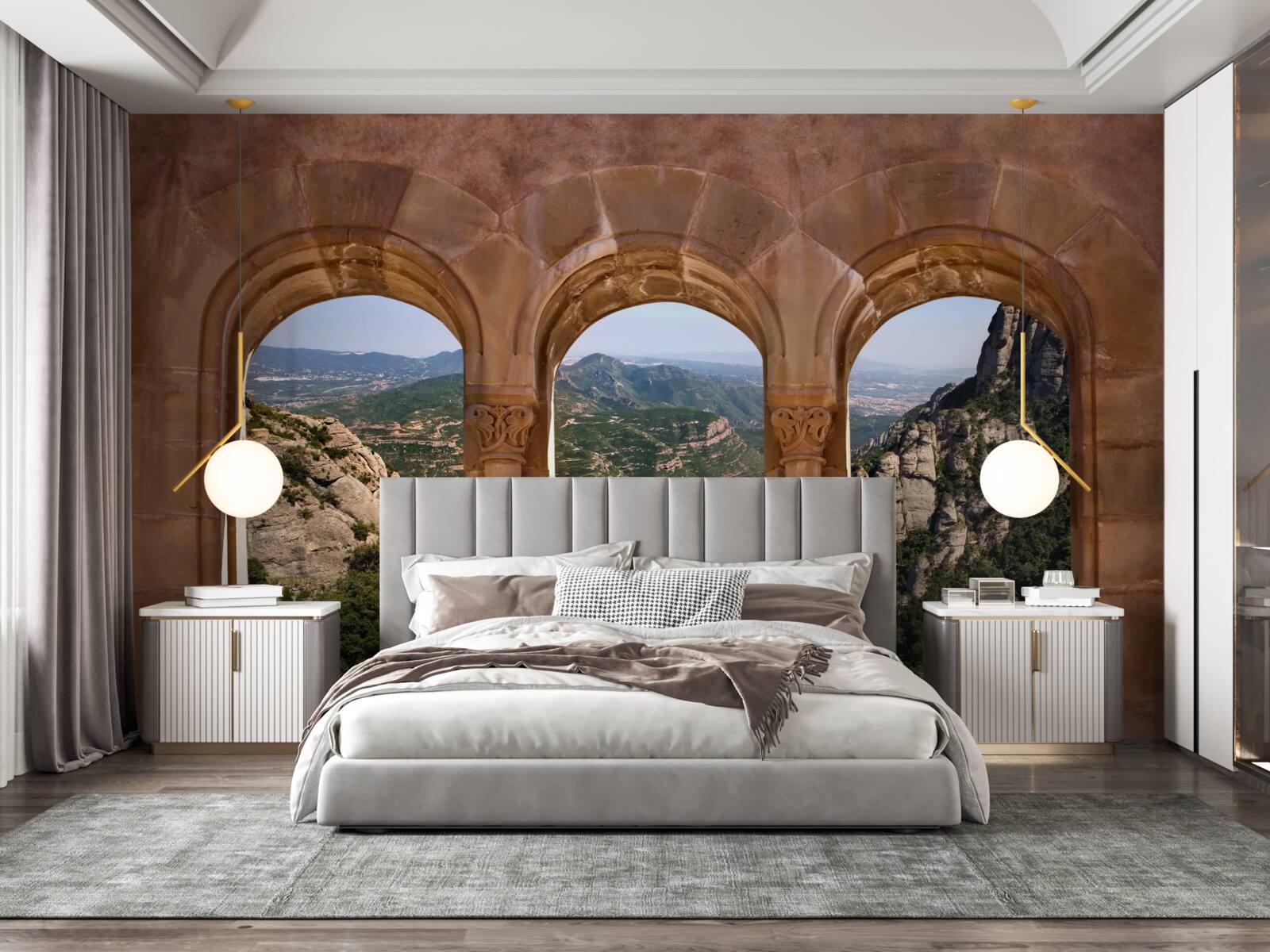 Fotobehang viaduct met uitzicht op het berglandschap