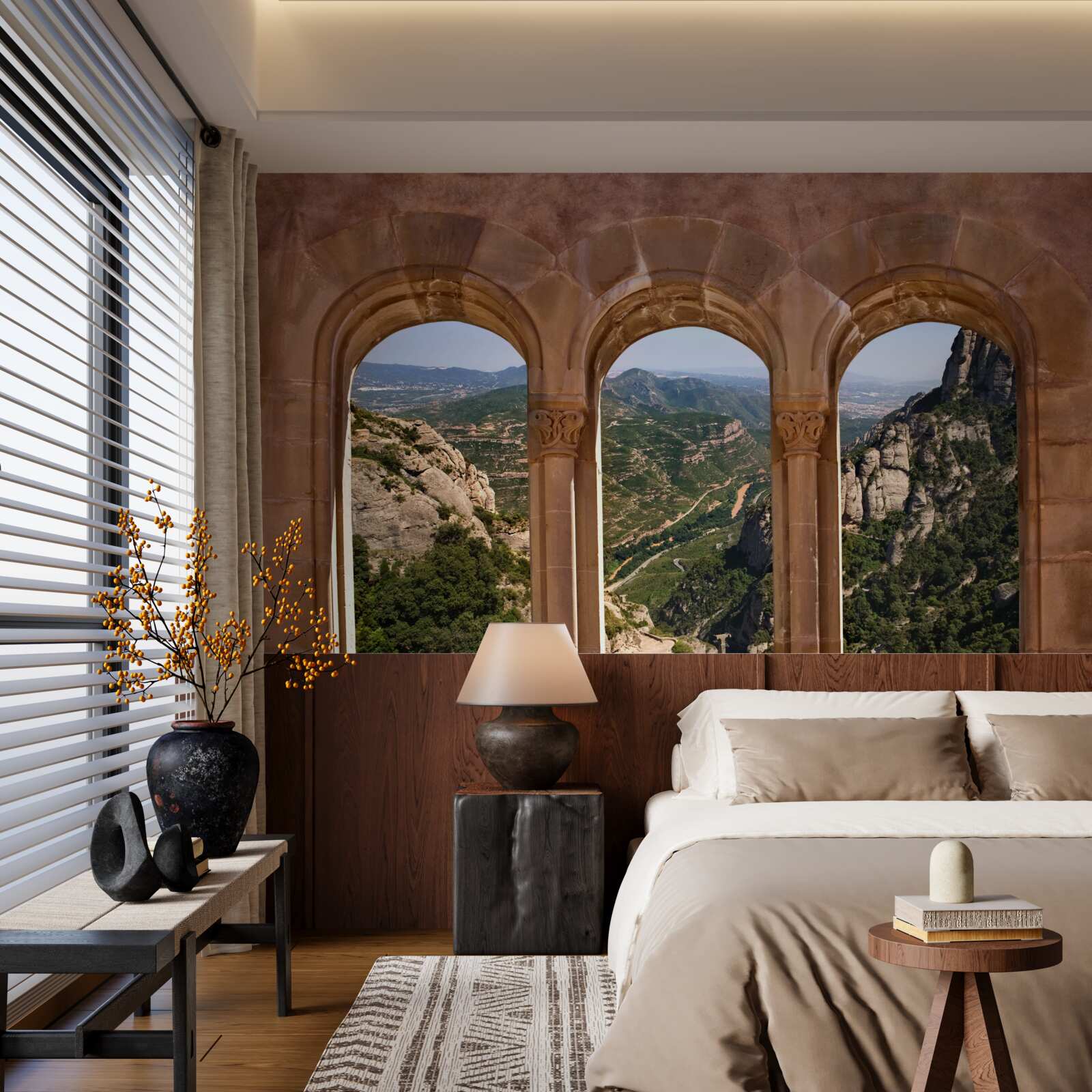 Fotobehang viaduct met uitzicht op het berglandschap