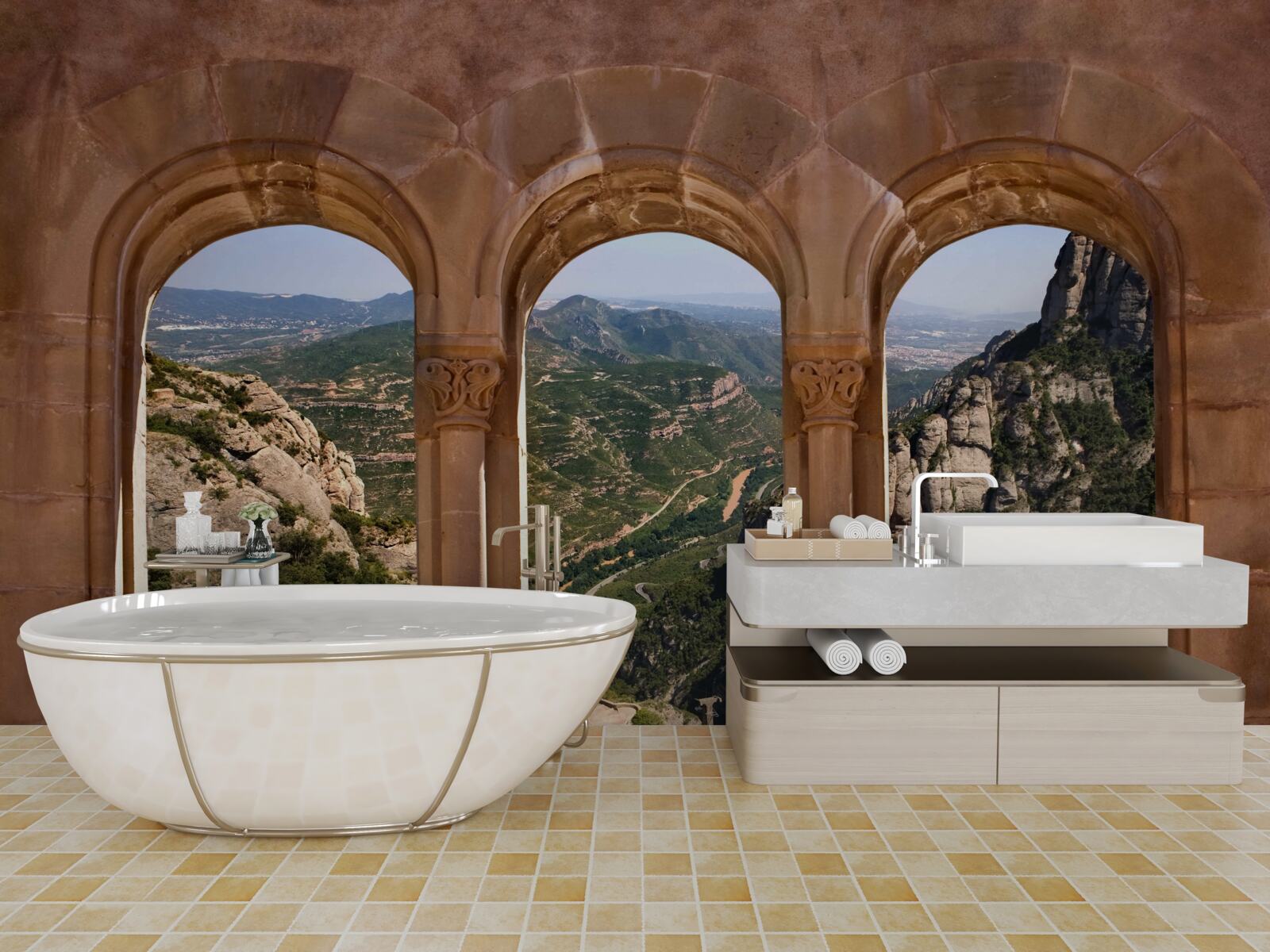 Fotobehang viaduct met uitzicht op het berglandschap