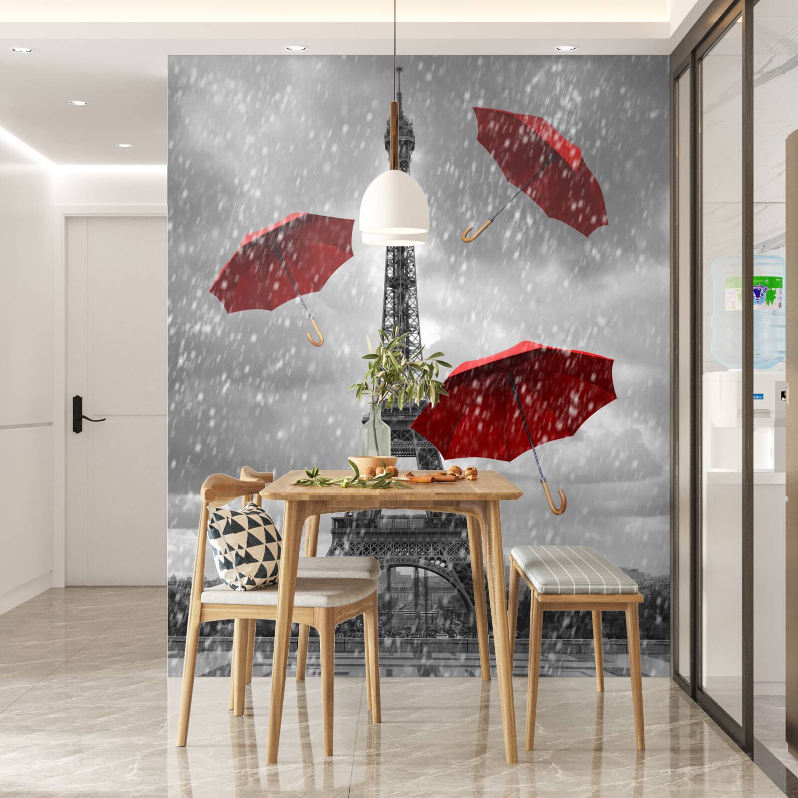 Fotobehang rode paraplu's op het plein voor de toren