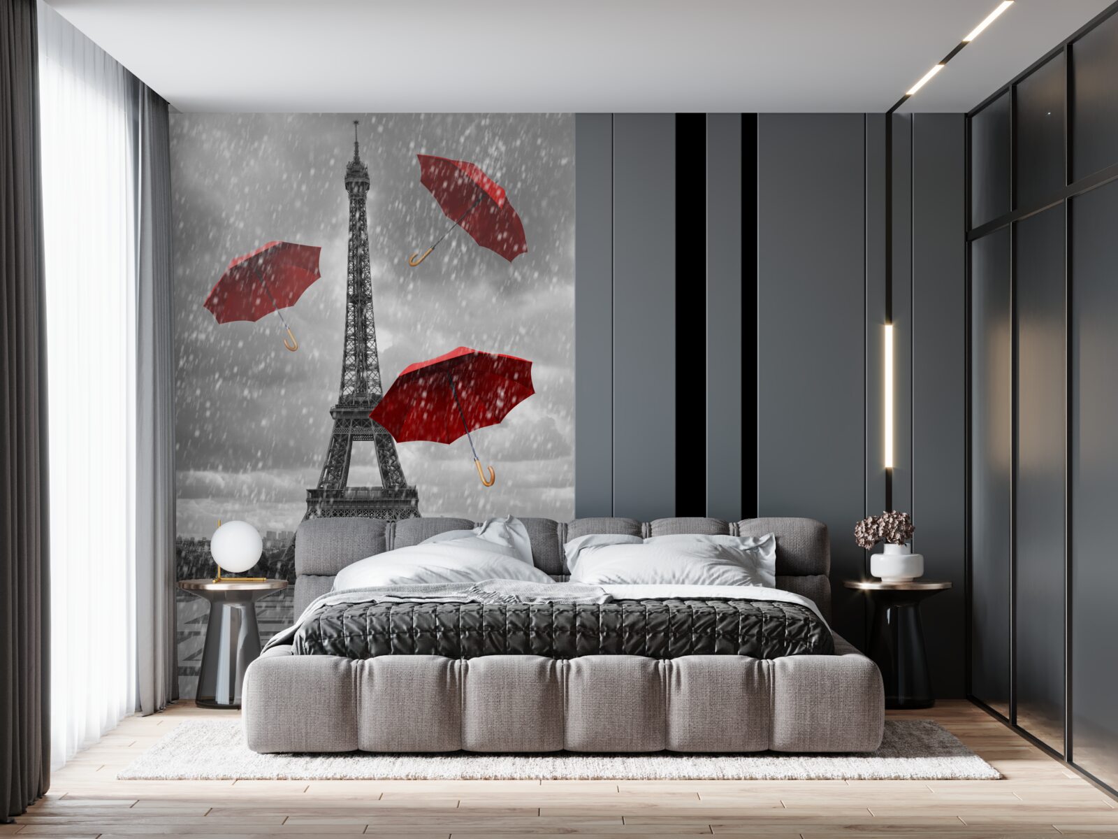 Fotobehang rode paraplu's op het plein voor de toren