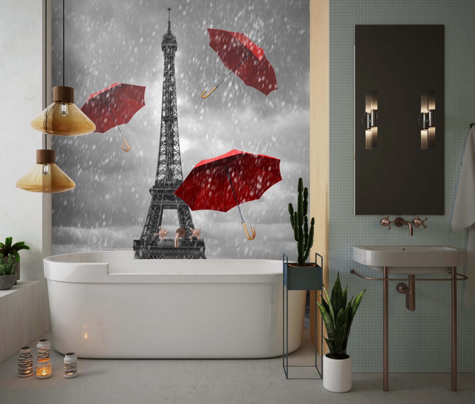 Fotobehang rode paraplu's op het plein voor de toren