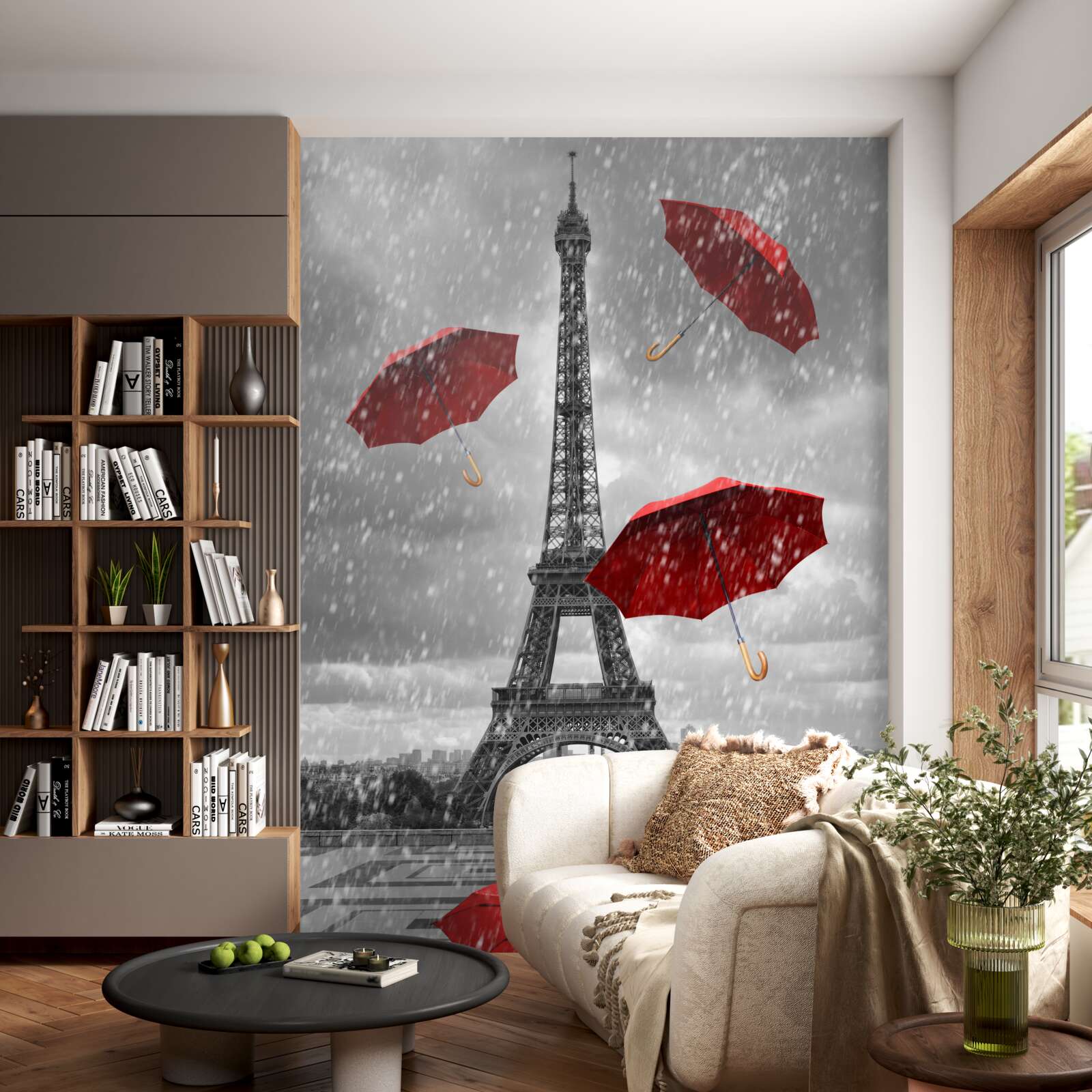 Fotobehang rode paraplu's op het plein voor de toren