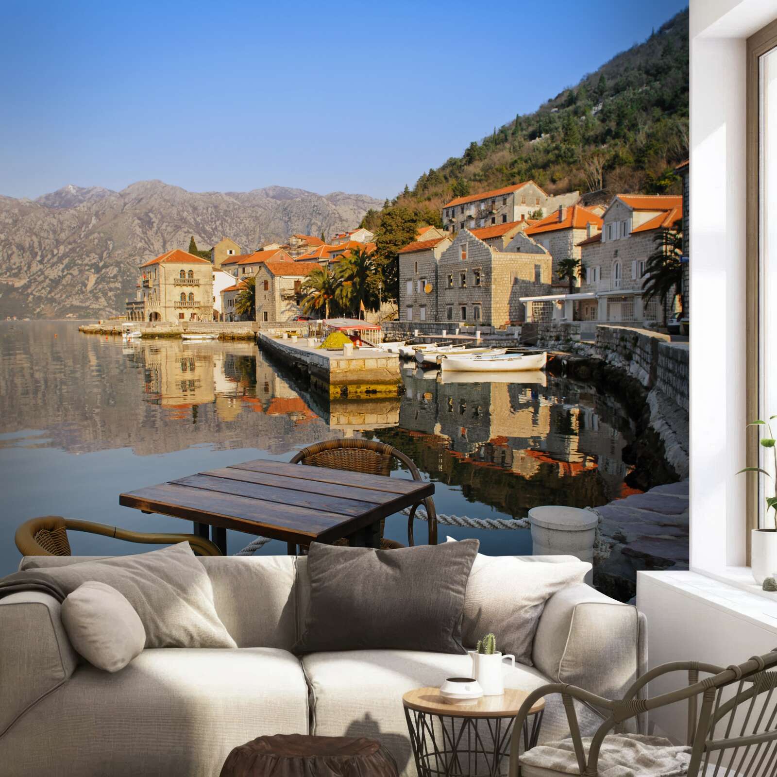 Fotobehang comfortabele ruimte om te ontspannen aan de oever van de rivier