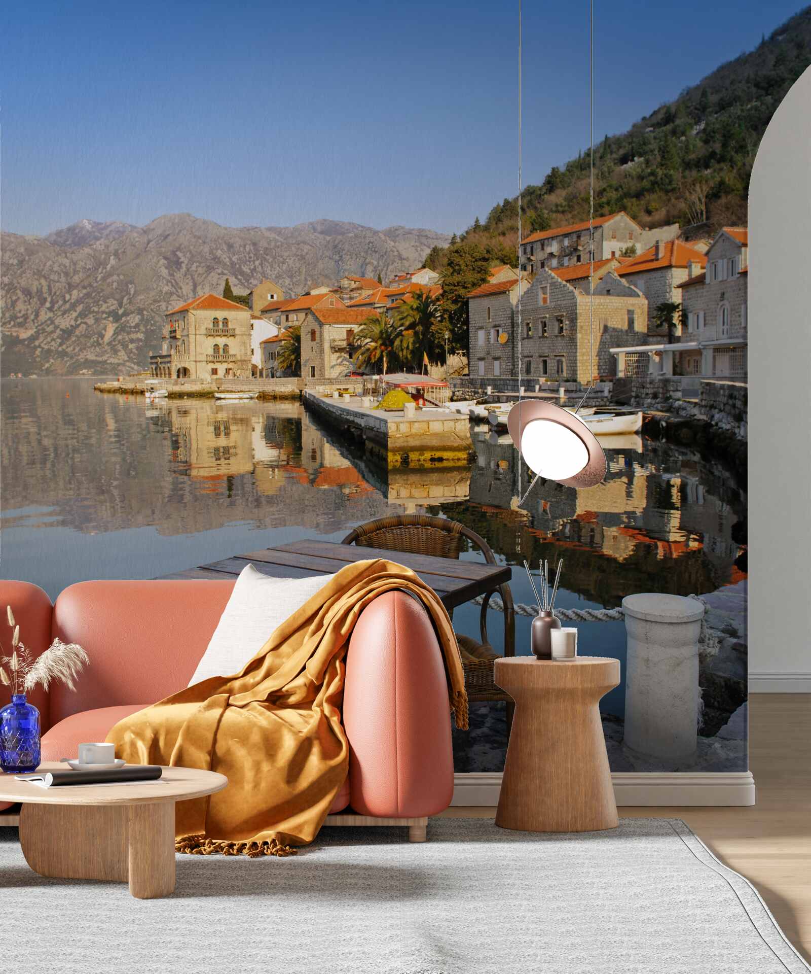 Fotobehang comfortabele ruimte om te ontspannen aan de oever van de rivier