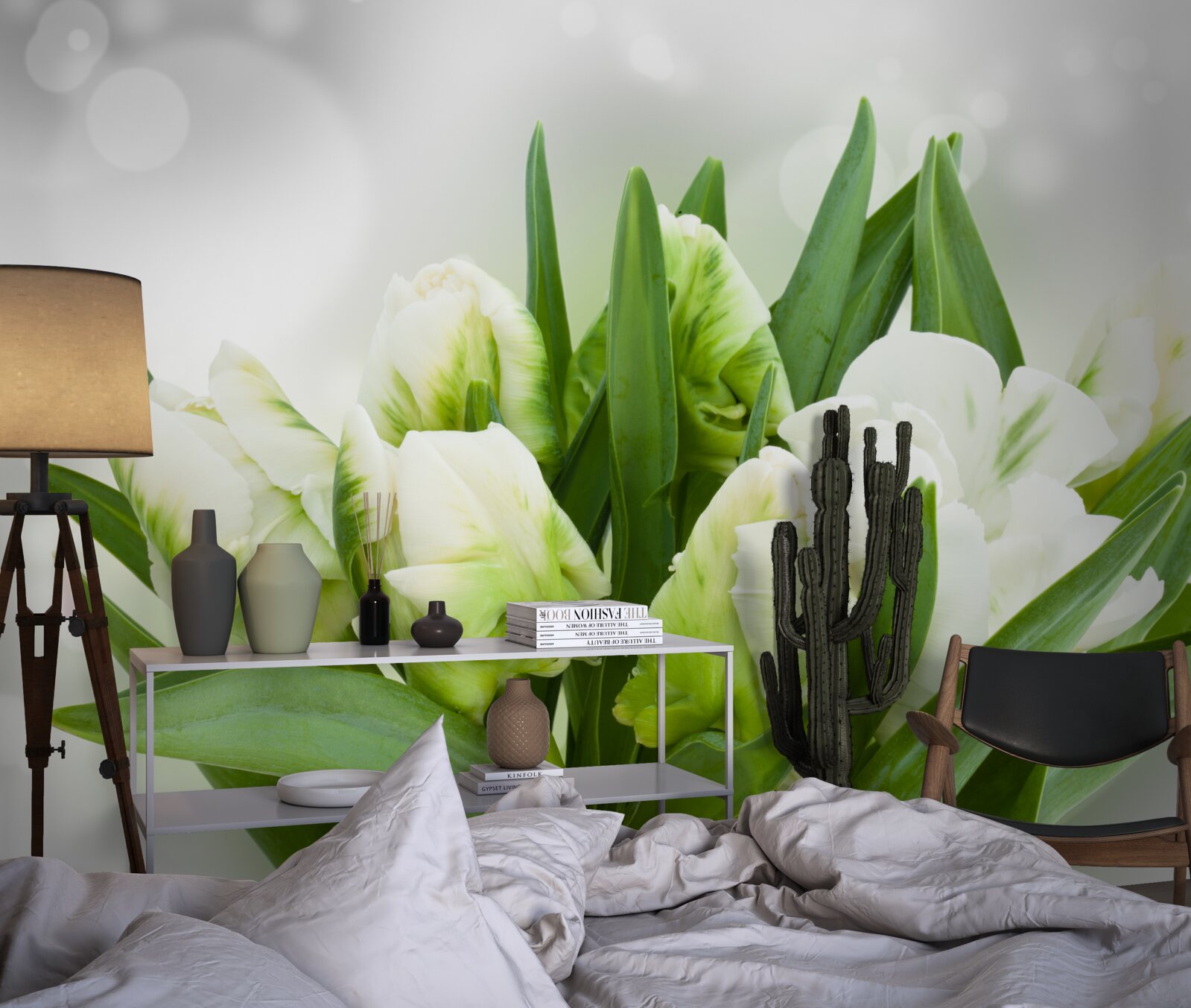 Fotobehang compositie van tulpen in witte en groene tinten
