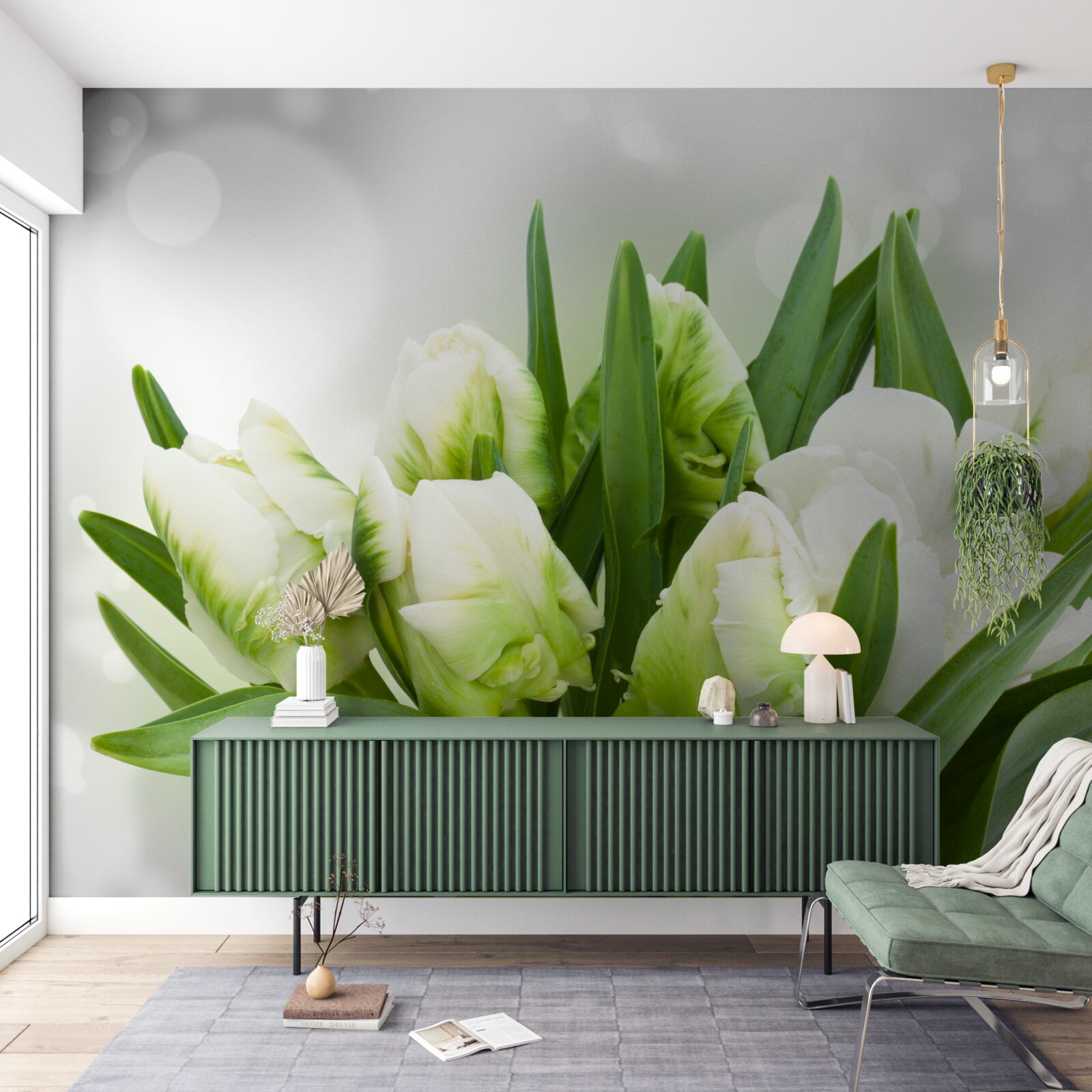 Fotobehang compositie van tulpen in witte en groene tinten