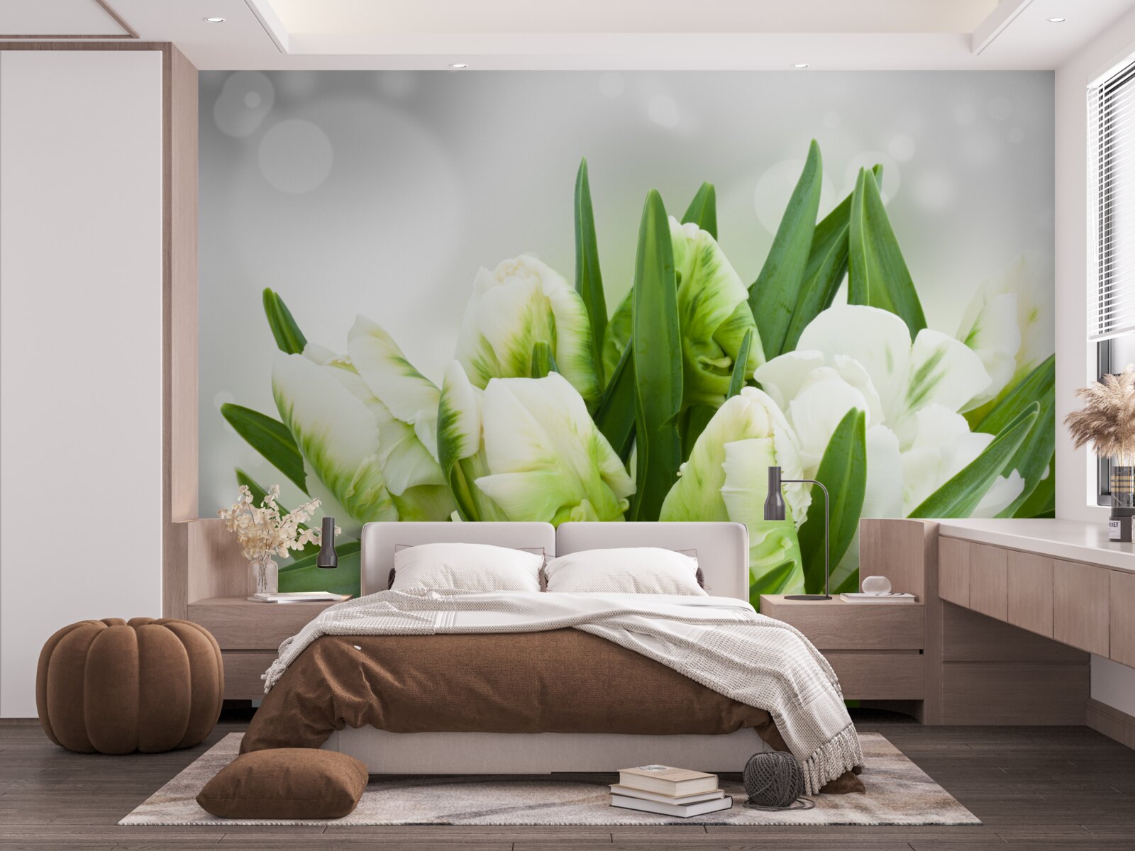 Fotobehang compositie van tulpen in witte en groene tinten